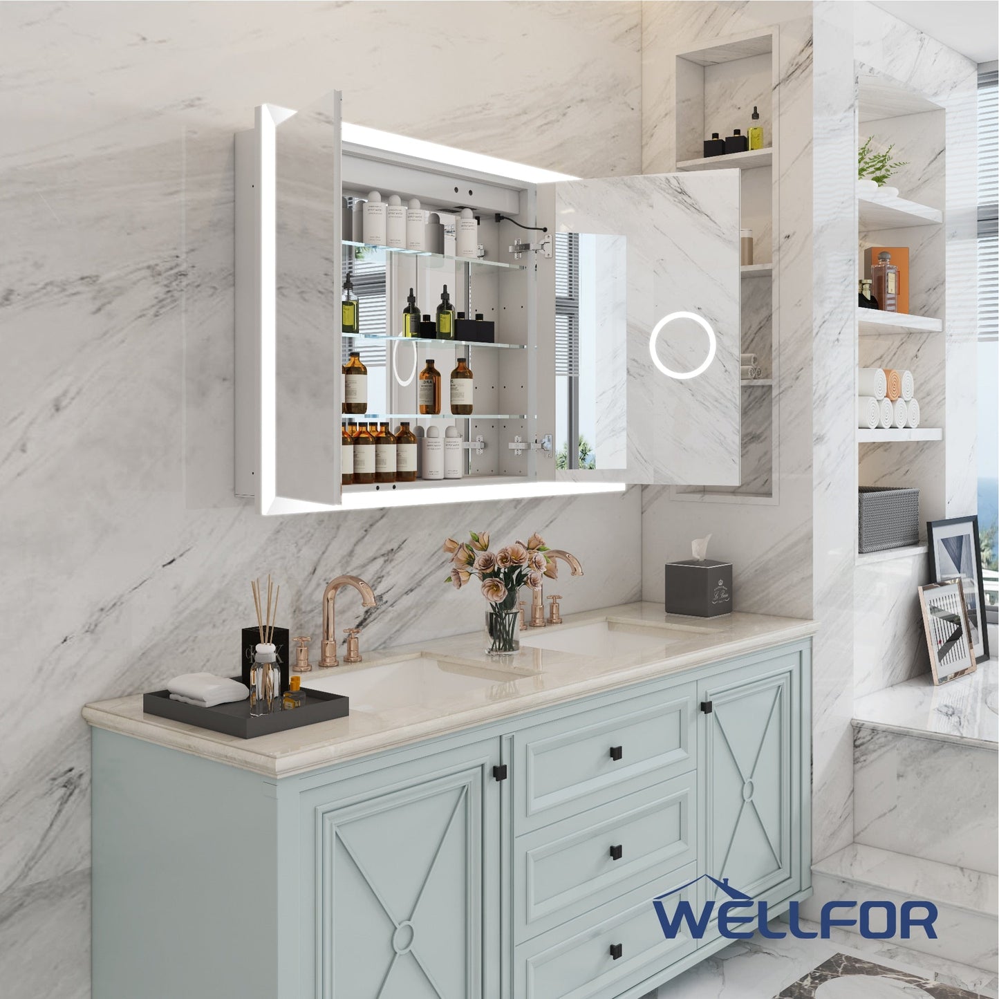 WELLFOR AURORA 48-in x 32-in Lighted LED Fog Free Surface/Recessed Mount Silver Mirrored Soft Close Medicine Cabinet