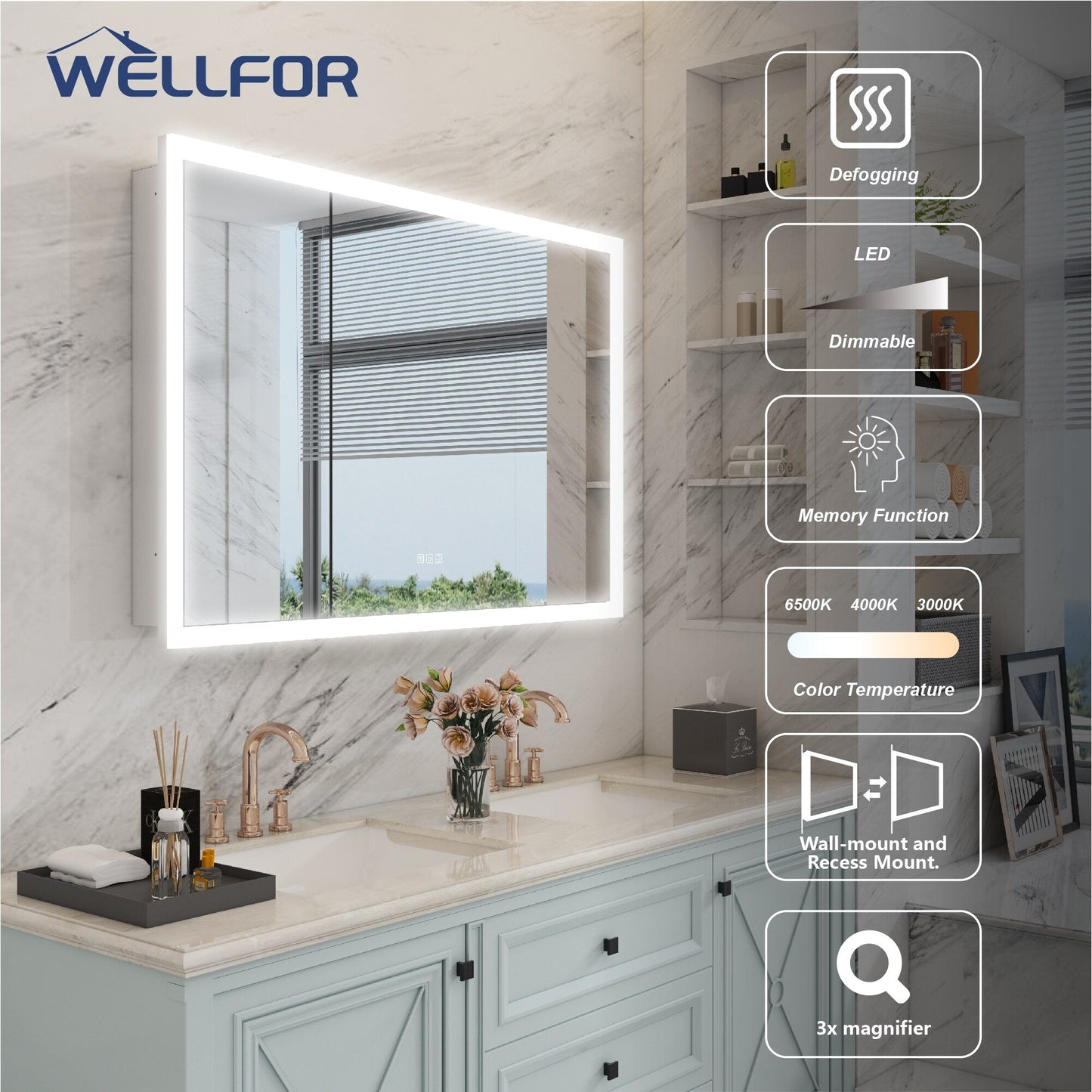 WELLFOR AURORA 48-in x 32-in Lighted LED Fog Free Surface/Recessed Mount Silver Mirrored Soft Close Medicine Cabinet