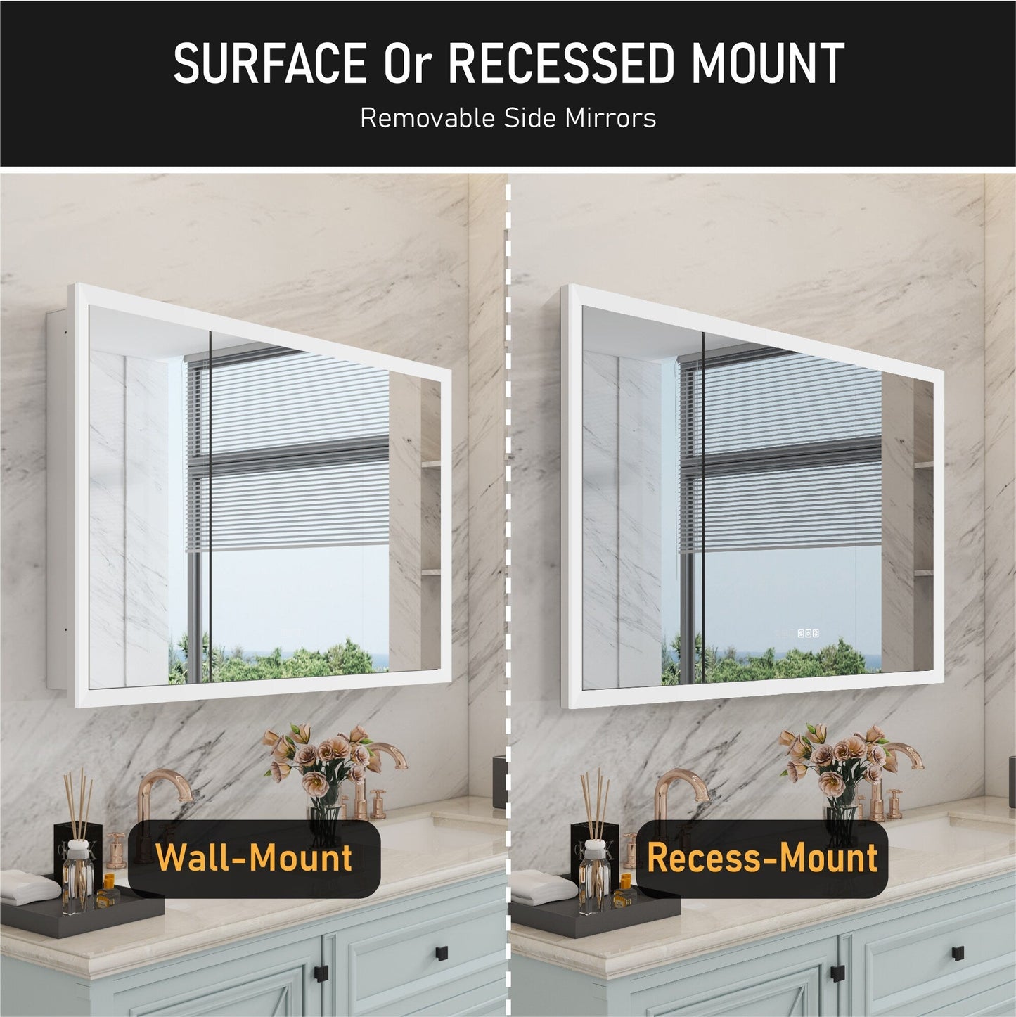 WELLFOR AURORA 48-in x 32-in Lighted LED Fog Free Surface/Recessed Mount Silver Mirrored Soft Close Medicine Cabinet