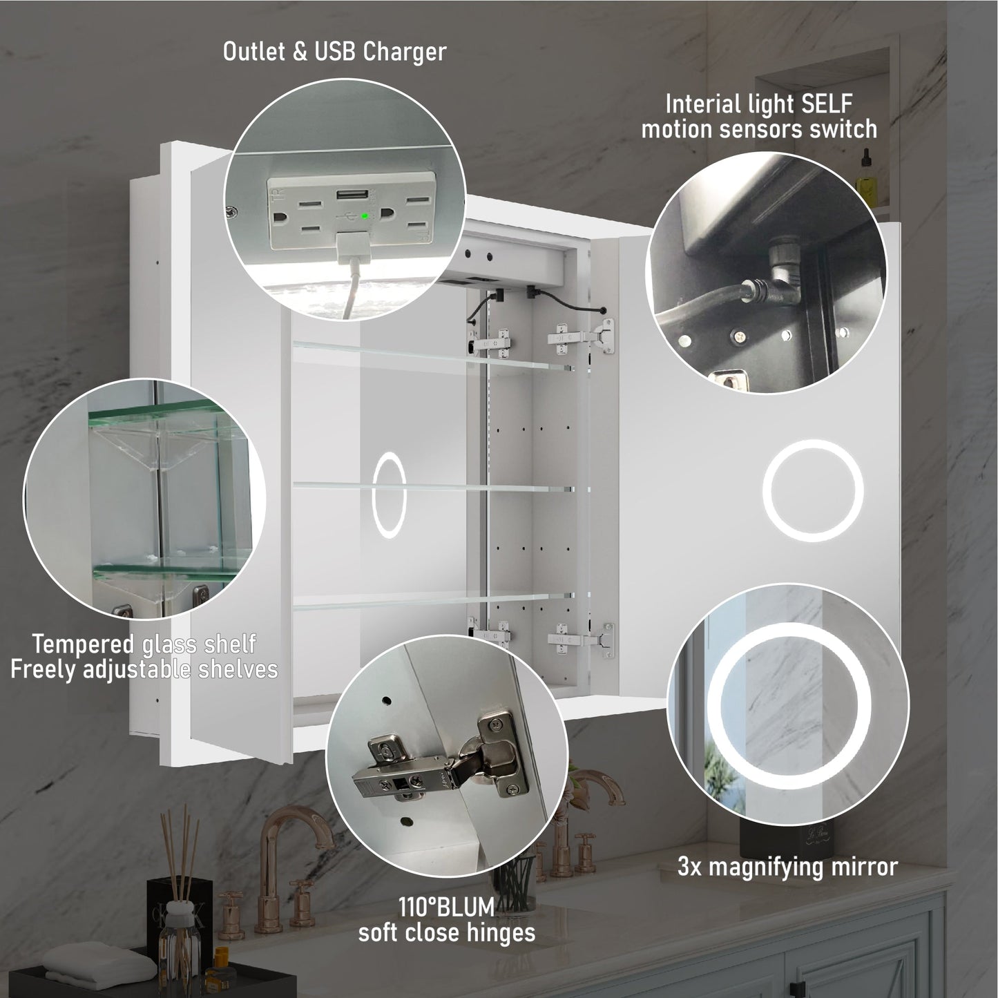 WELLFOR AURORA 48-in x 32-in Lighted LED Fog Free Surface/Recessed Mount Silver Mirrored Soft Close Medicine Cabinet
