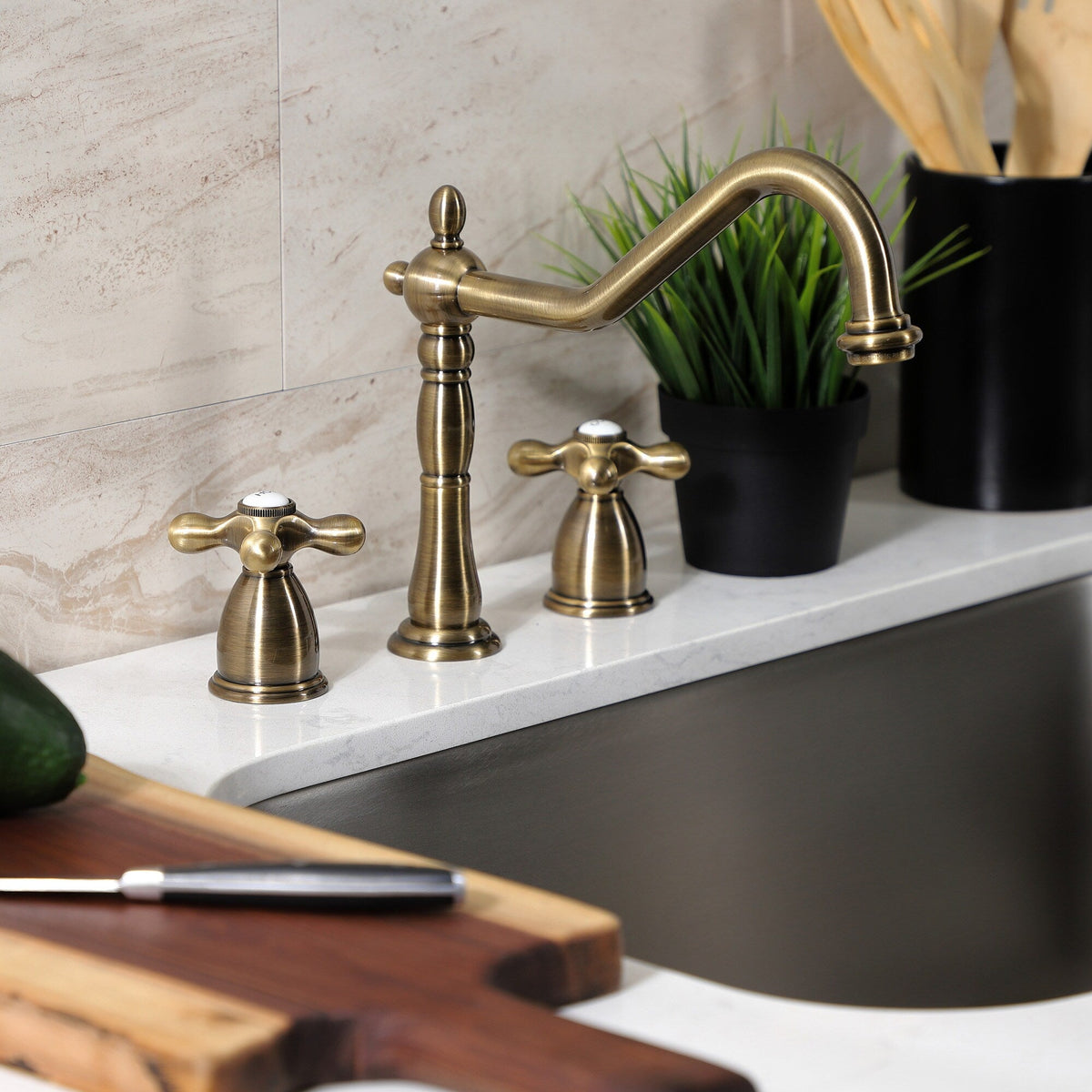 Elements of Design New Orleans Antique Brass 2-Handle Deck-Mount Bridge Kitchen Faucet