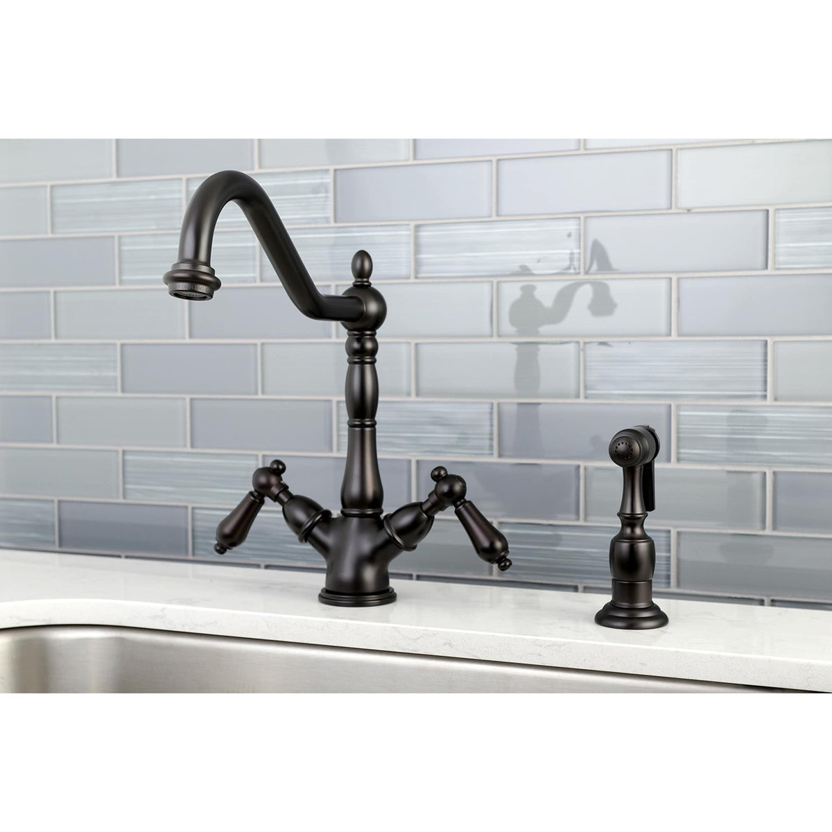 Elements of Design Oil-Rubbed Bronze 2-Handle Deck-Mount Bridge Kitchen Faucet with Side Sprayer