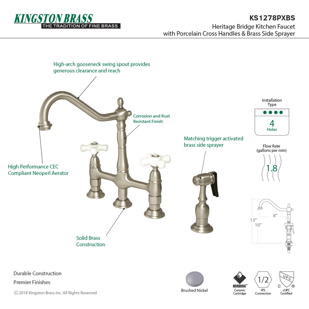 Elements of Design Brushed Nickel 2-Handle Deck-Mount Bridge Kitchen Faucet with Side Sprayer