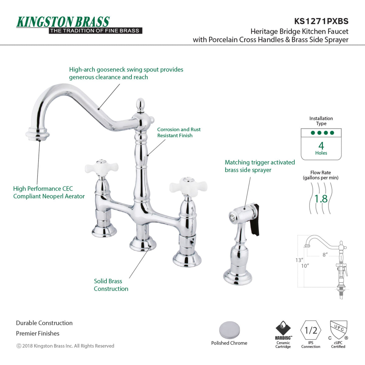Elements of Design Chrome 2-Handle Deck-Mount Bridge Kitchen Faucet with Side Sprayer