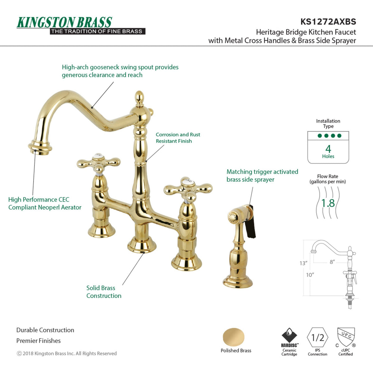 Elements of Design Polished Brass 2‑Handle Deck‑Mount Bridge Kitchen Faucet with Side Sprayer