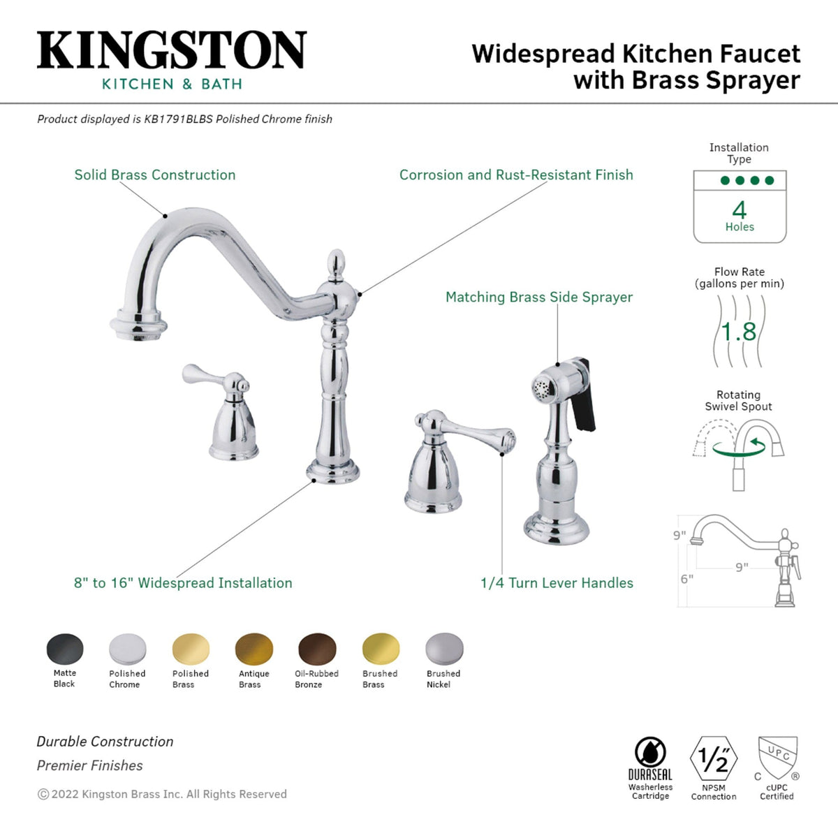 Elements of Design New Orleans Brushed Nickel 2-Handle Deck-Mount Bridge Kitchen Faucet with Side Sprayer