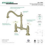 Elements of Design Brushed Nickel 2-Handle Bridge Deck-Mount Kitchen Faucet with Porcelain Cross Handles