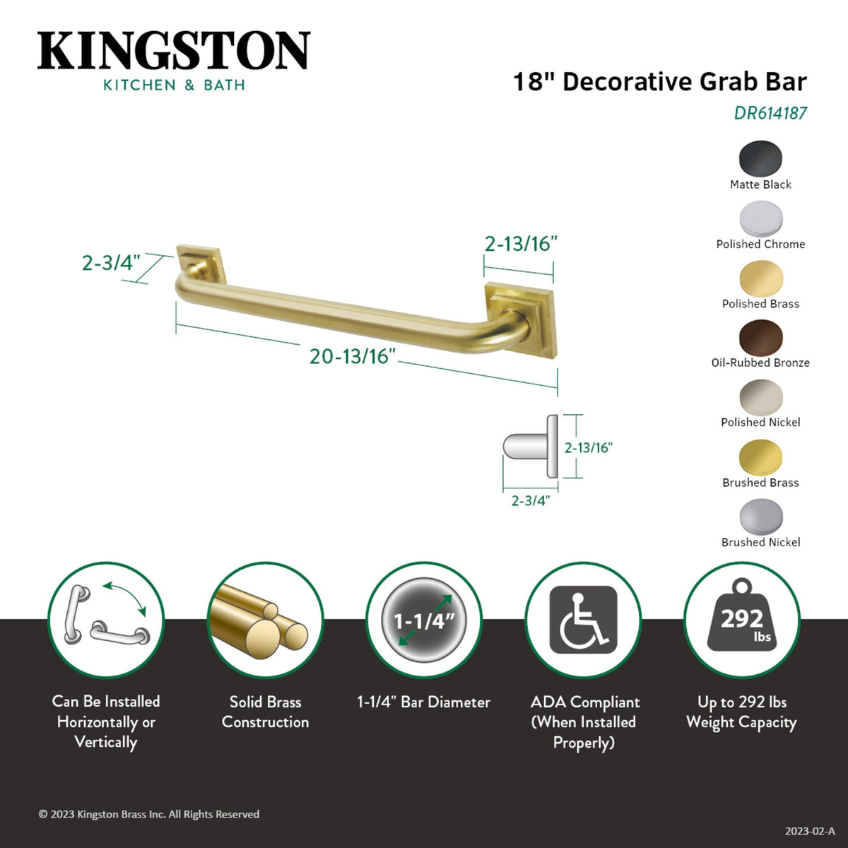 Elements of Design Claremont 18-in Brushed Nickel Wall Mount ADA-Compliant Grab Bar