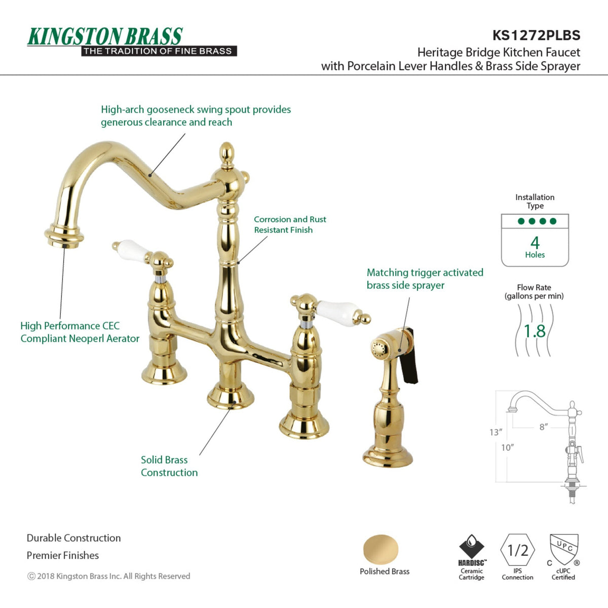 Elements of Design Polished Brass 2-Handle Deck-Mount Bridge Kitchen Faucet with Side Sprayer