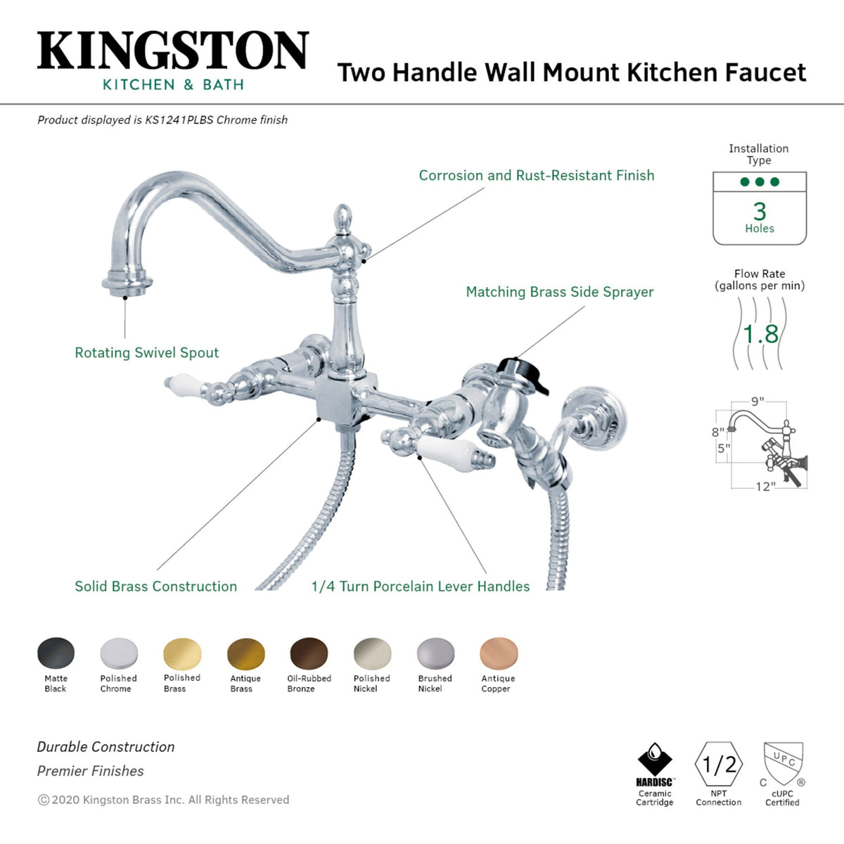 Elements of Design Chrome 2-Handle Wall-Mount Bridge Kitchen Faucet with Side Sprayer