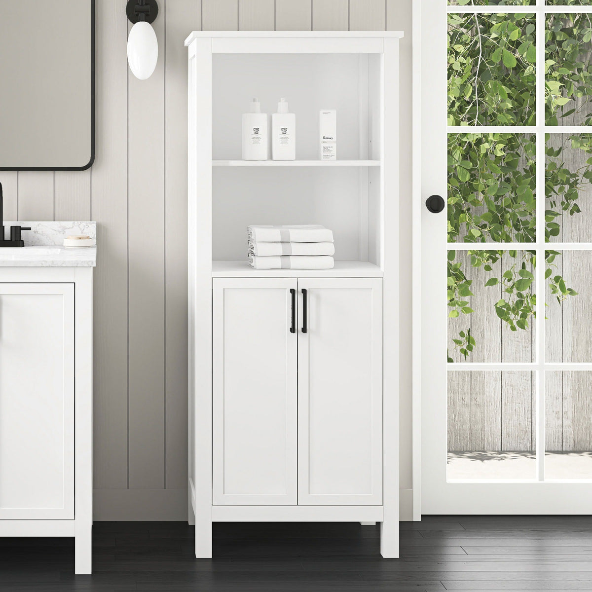 allen + roth Lenoir 24-in x 60-in x 16-in Swan White Freestanding Soft Close Linen Cabinet