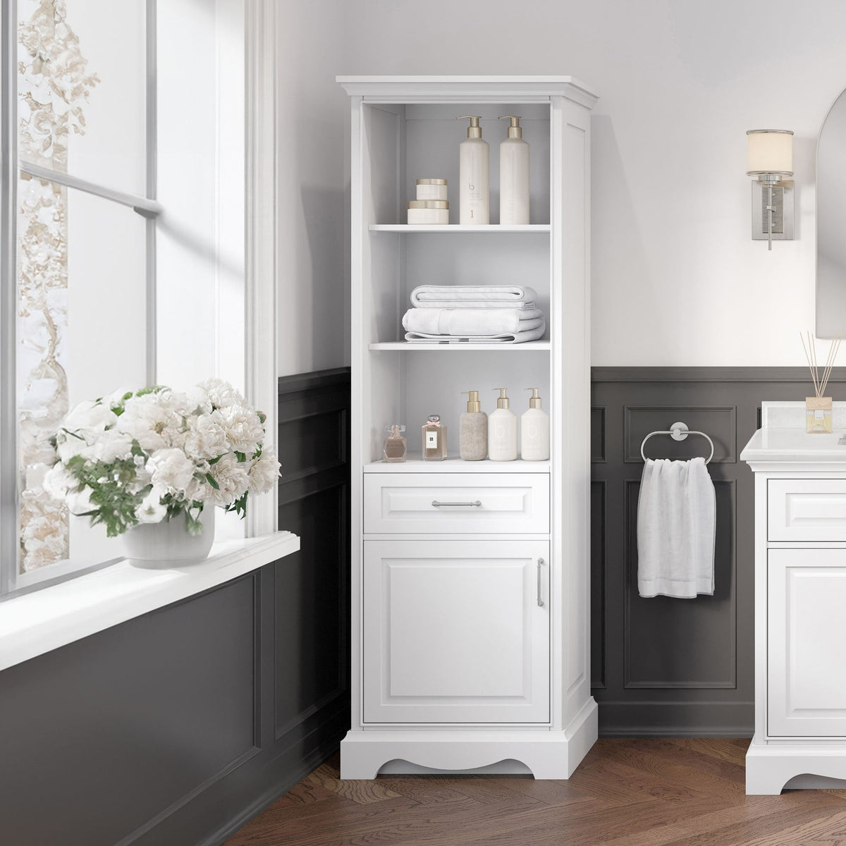 allen + roth Rutherfurd 24-in x 72-in x 15.98-in Swan White Wood Freestanding Soft Close Linen Cabinet