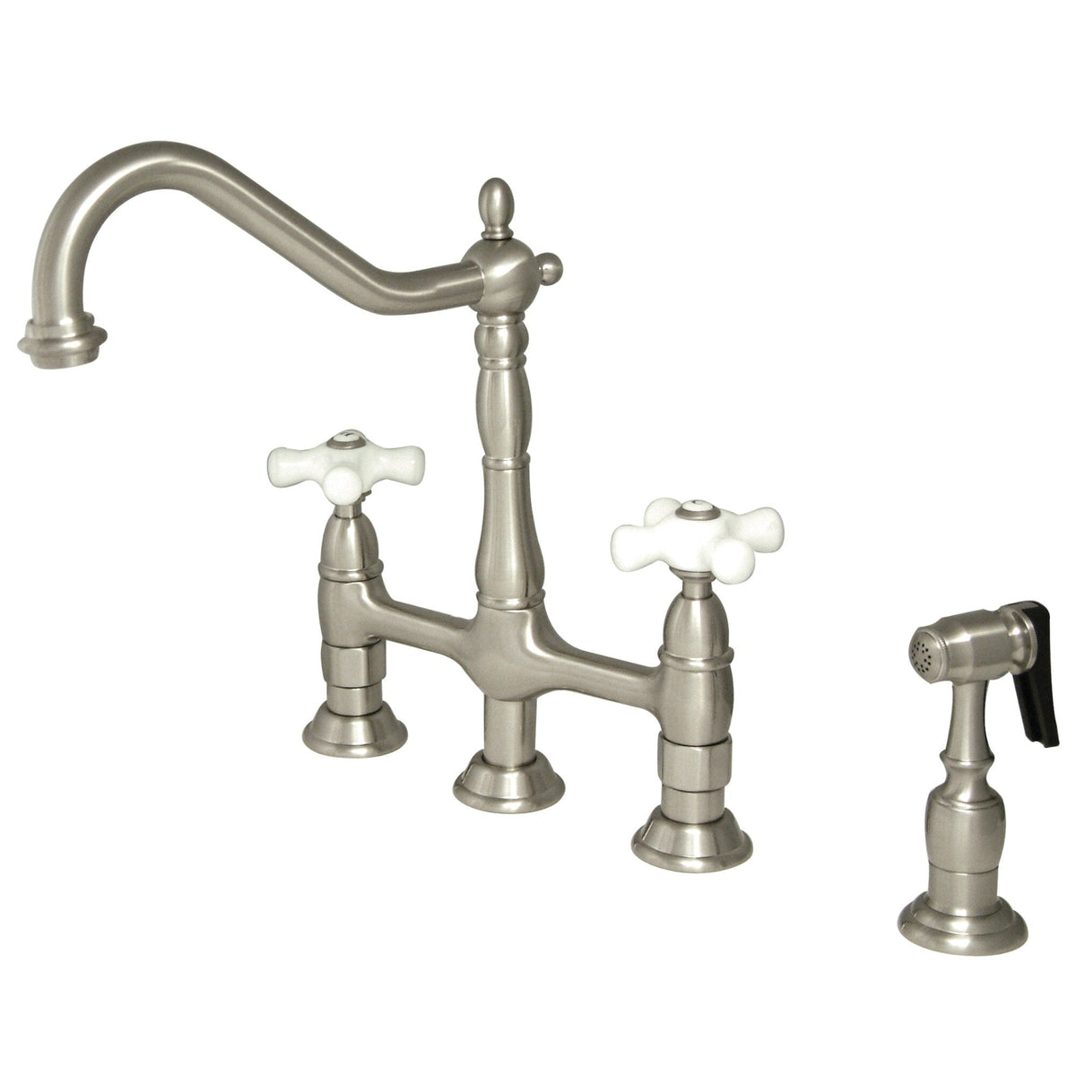 Elements of Design Brushed Nickel 2-Handle Deck-Mount Bridge Kitchen Faucet with Side Sprayer