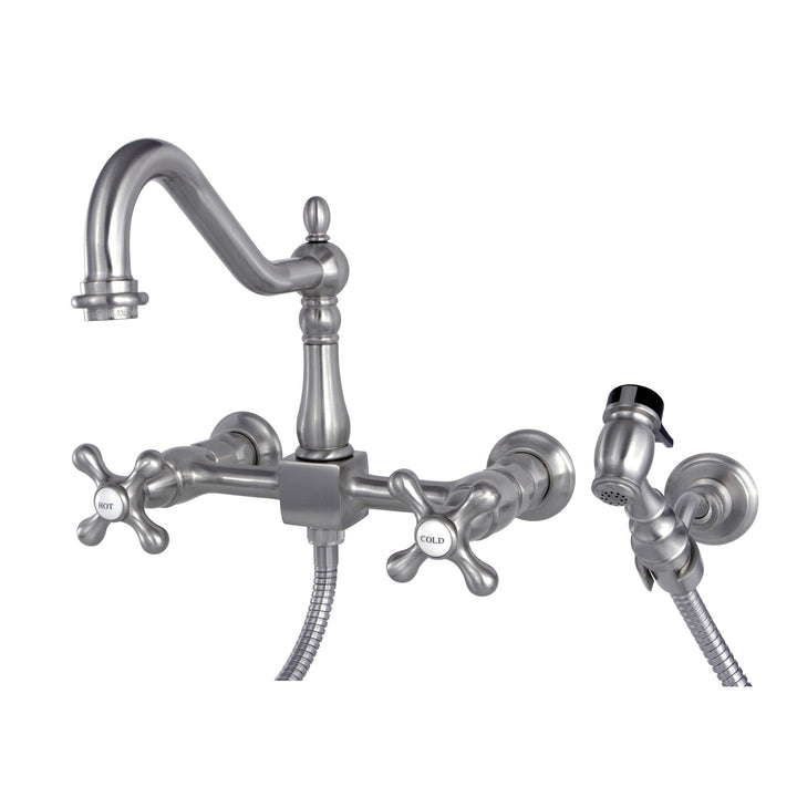 Elements of Design Brushed Nickel 2-Handle Wall-Mount Bridge Kitchen Faucet with Side Sprayer