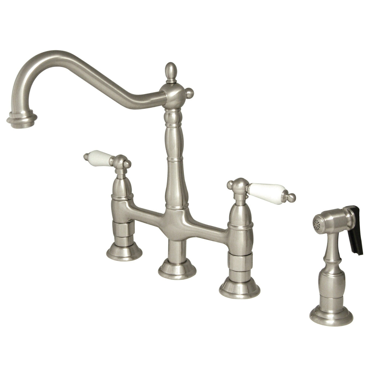 Elements of Design Brushed Nickel 2-Handle Deck-Mount Bridge Kitchen Faucet with Side Sprayer