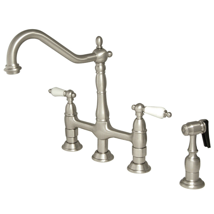 Elements of Design Brushed Nickel 2-Handle Deck-Mount Bridge Kitchen Faucet with Side Sprayer