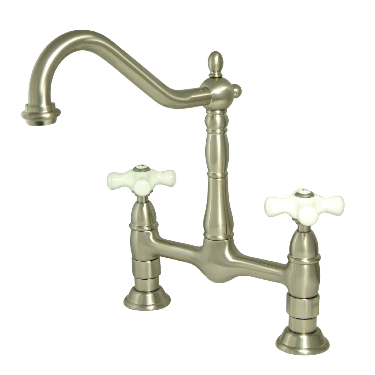 Elements of Design Brushed Nickel 2-Handle Bridge Deck-Mount Kitchen Faucet with Porcelain Cross Handles