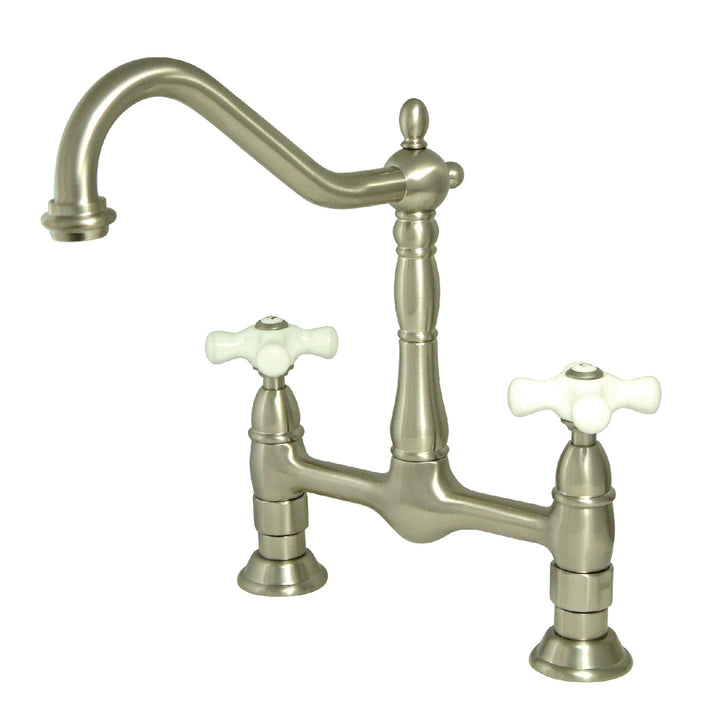 Elements of Design Brushed Nickel 2-Handle Bridge Deck-Mount Kitchen Faucet with Porcelain Cross Handles
