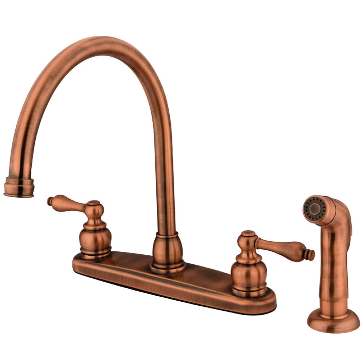 Elements of Design Victorian Antique Copper 2-Handle Deck-Mount High-Arc Kitchen Faucet with Deck Plate and Side Sprayer