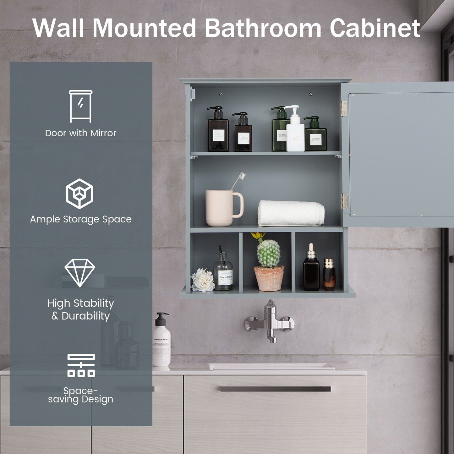 Forclover 19-in x 23.5-in Medicine Cabinet Bathroom Storage Wall Cabinet with Mirror in Gray