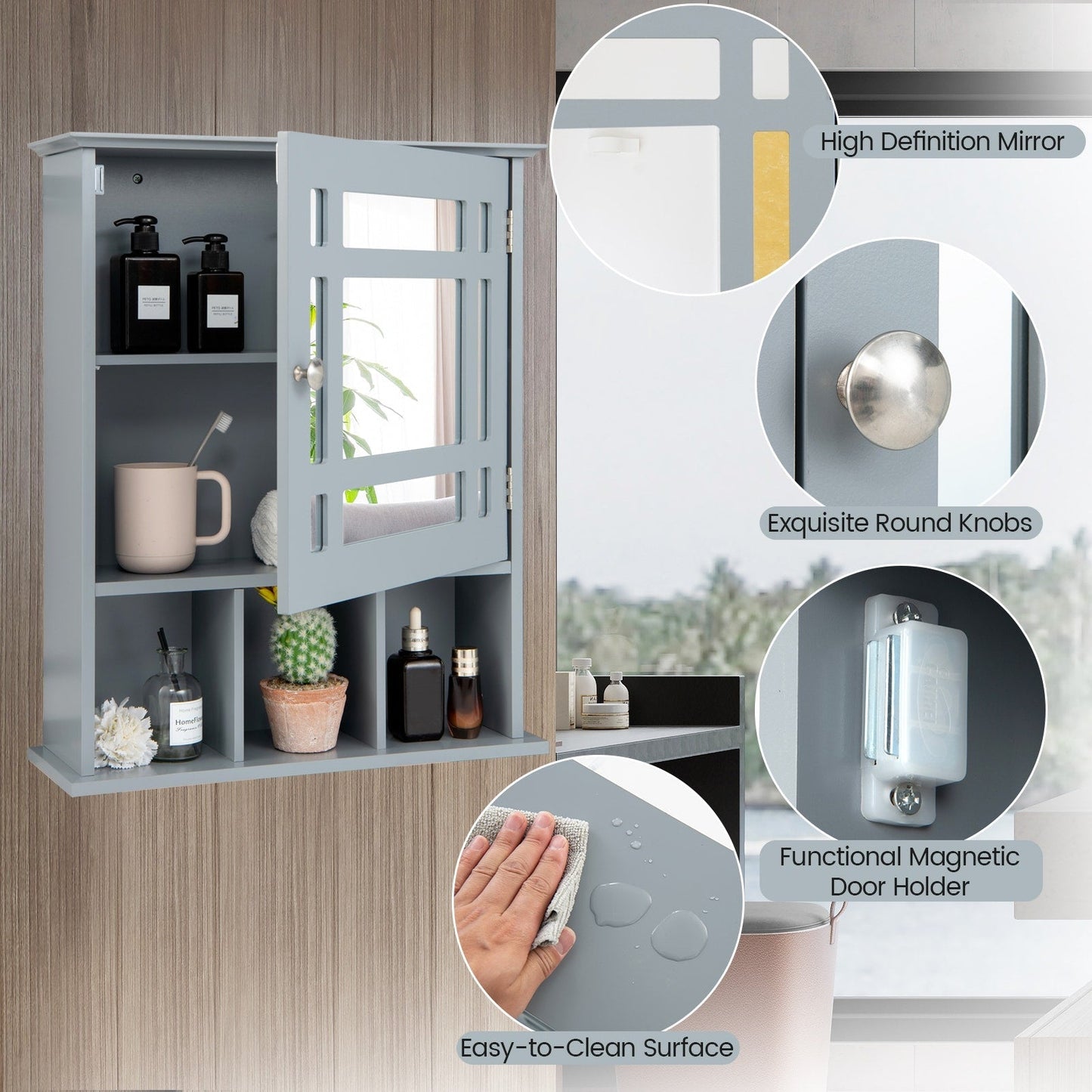 Forclover 19-in x 23.5-in Medicine Cabinet Bathroom Storage Wall Cabinet with Mirror in Gray