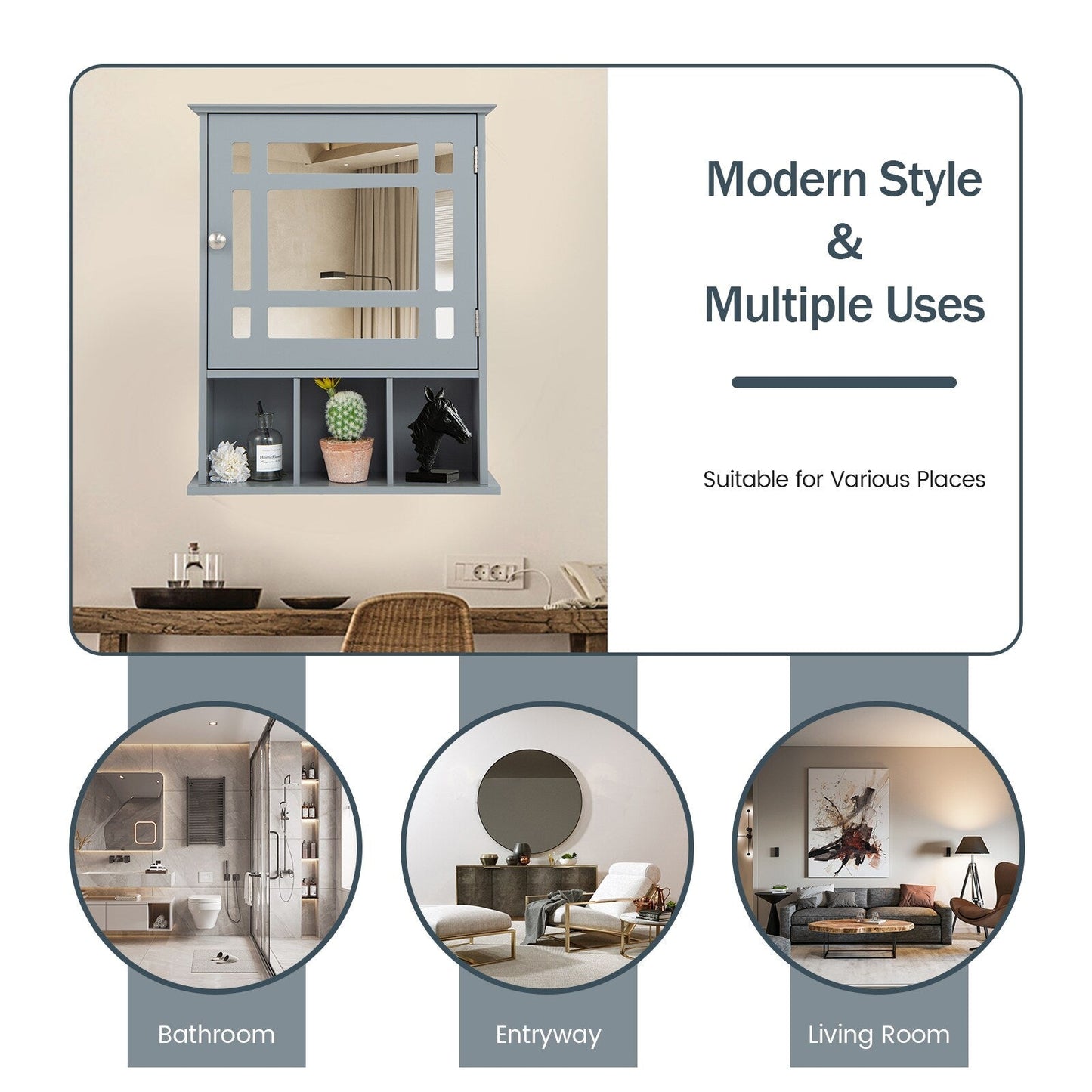 Forclover 19-in x 23.5-in Medicine Cabinet Bathroom Storage Wall Cabinet with Mirror in Gray
