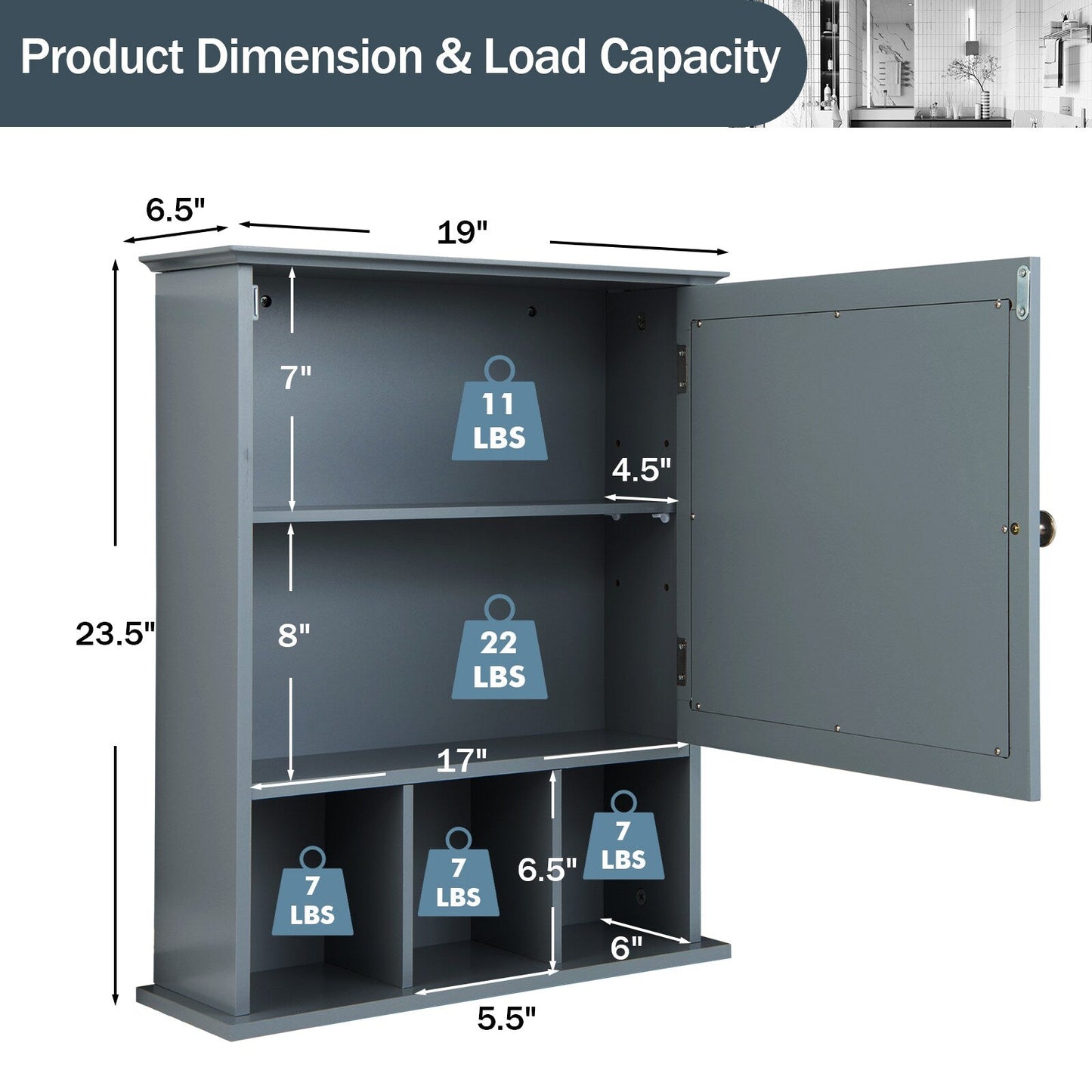 Forclover 19-in x 23.5-in Medicine Cabinet Bathroom Storage Wall Cabinet with Mirror in Gray