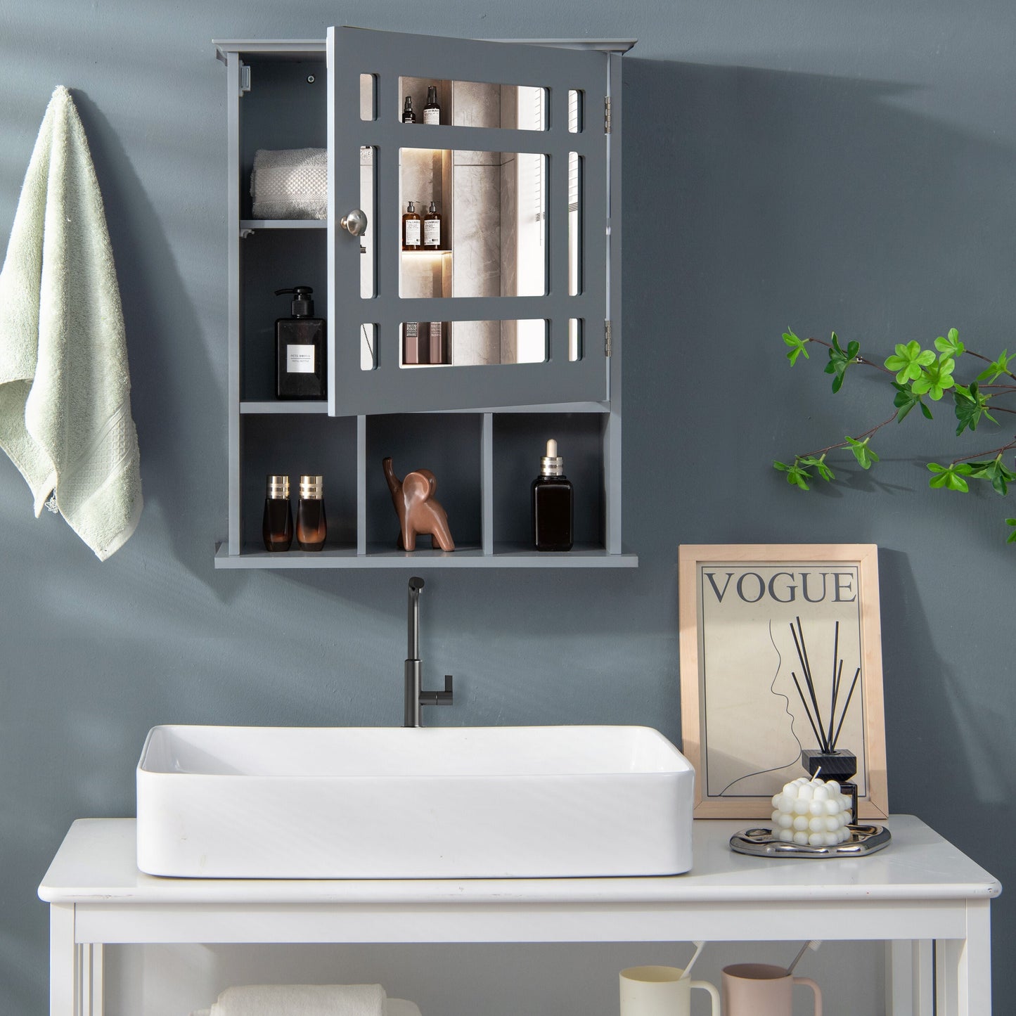 Forclover 19-in x 23.5-in Medicine Cabinet Bathroom Storage Wall Cabinet with Mirror in Gray