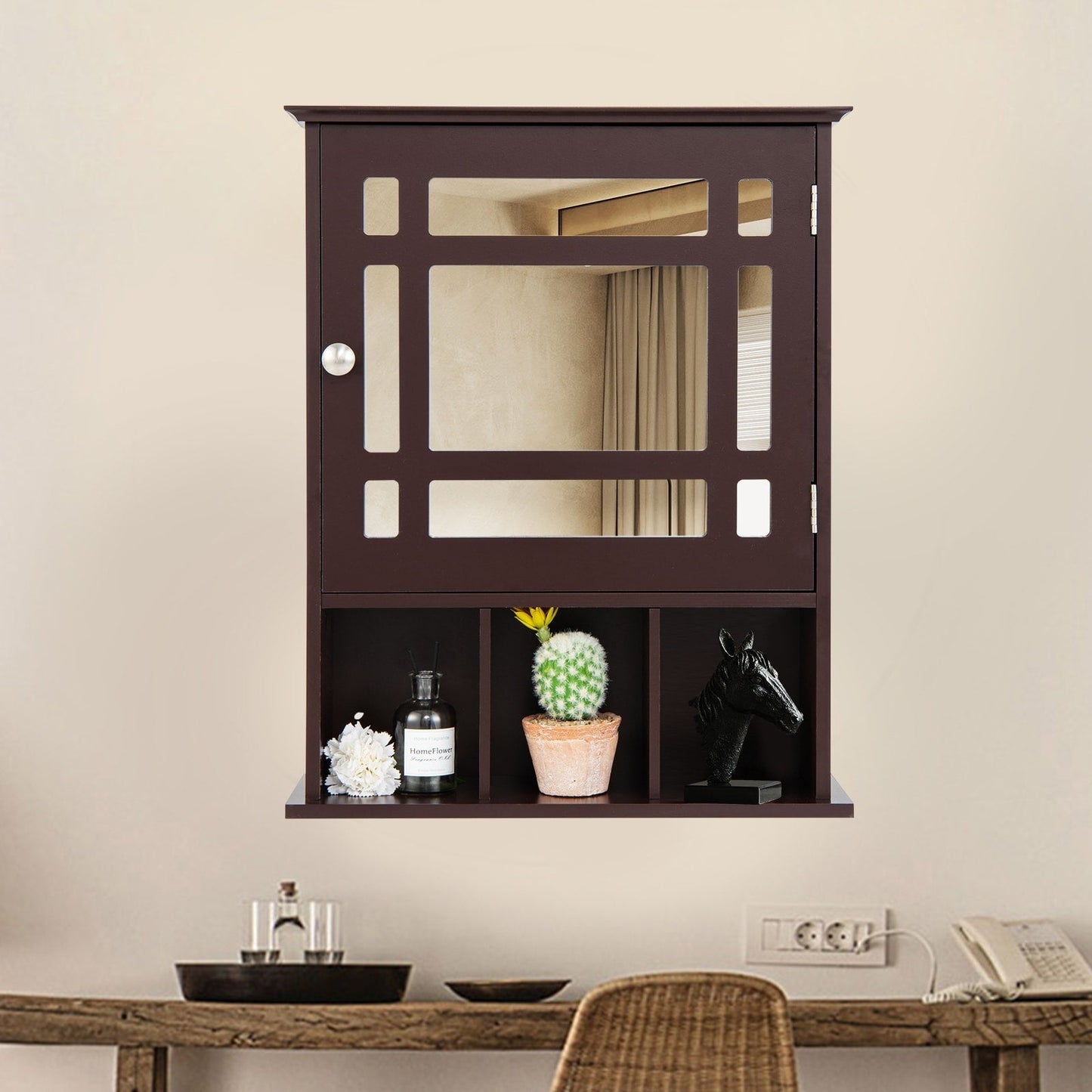 Forclover 19-in x 23.5-in Medicine Cabinet Bathroom Storage Wall Cabinet with Mirror in Brown