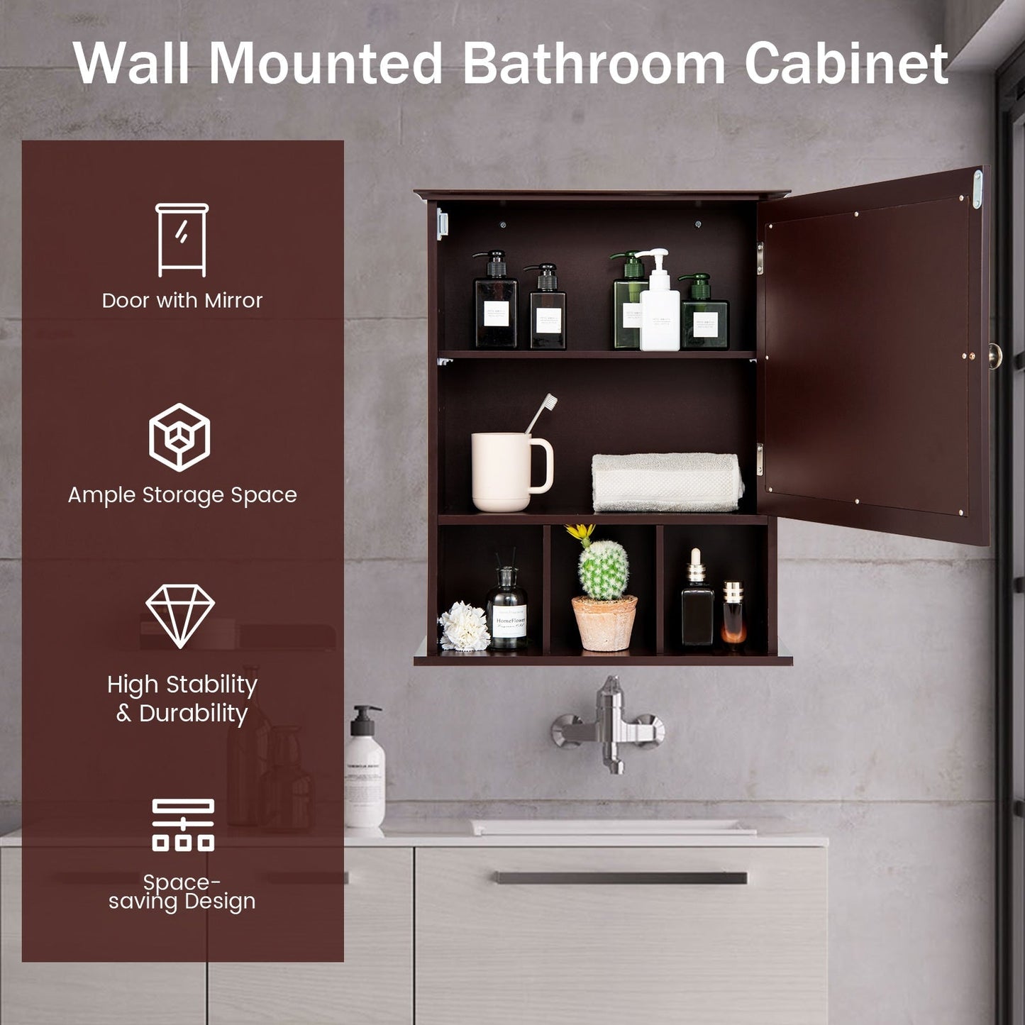 Forclover 19-in x 23.5-in Medicine Cabinet Bathroom Storage Wall Cabinet with Mirror in Brown