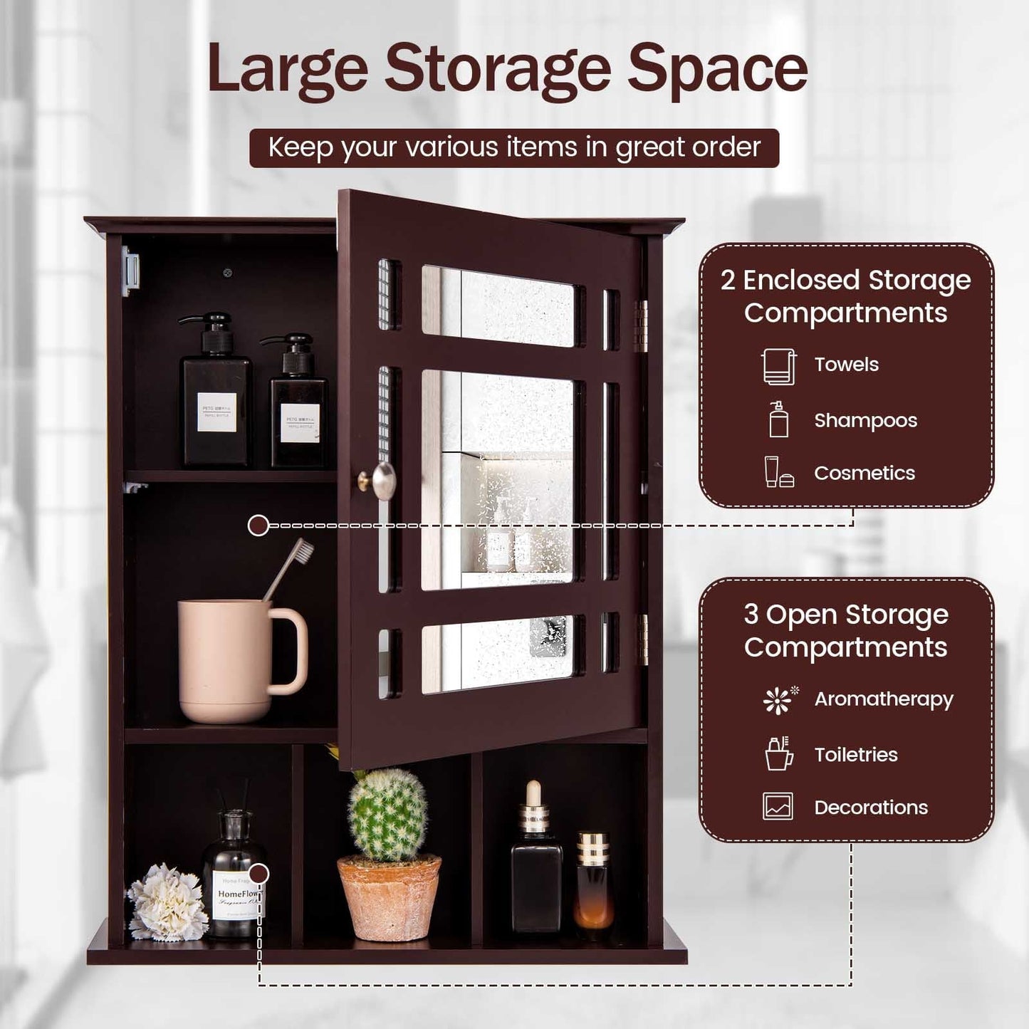 Forclover 19-in x 23.5-in Medicine Cabinet Bathroom Storage Wall Cabinet with Mirror in Brown
