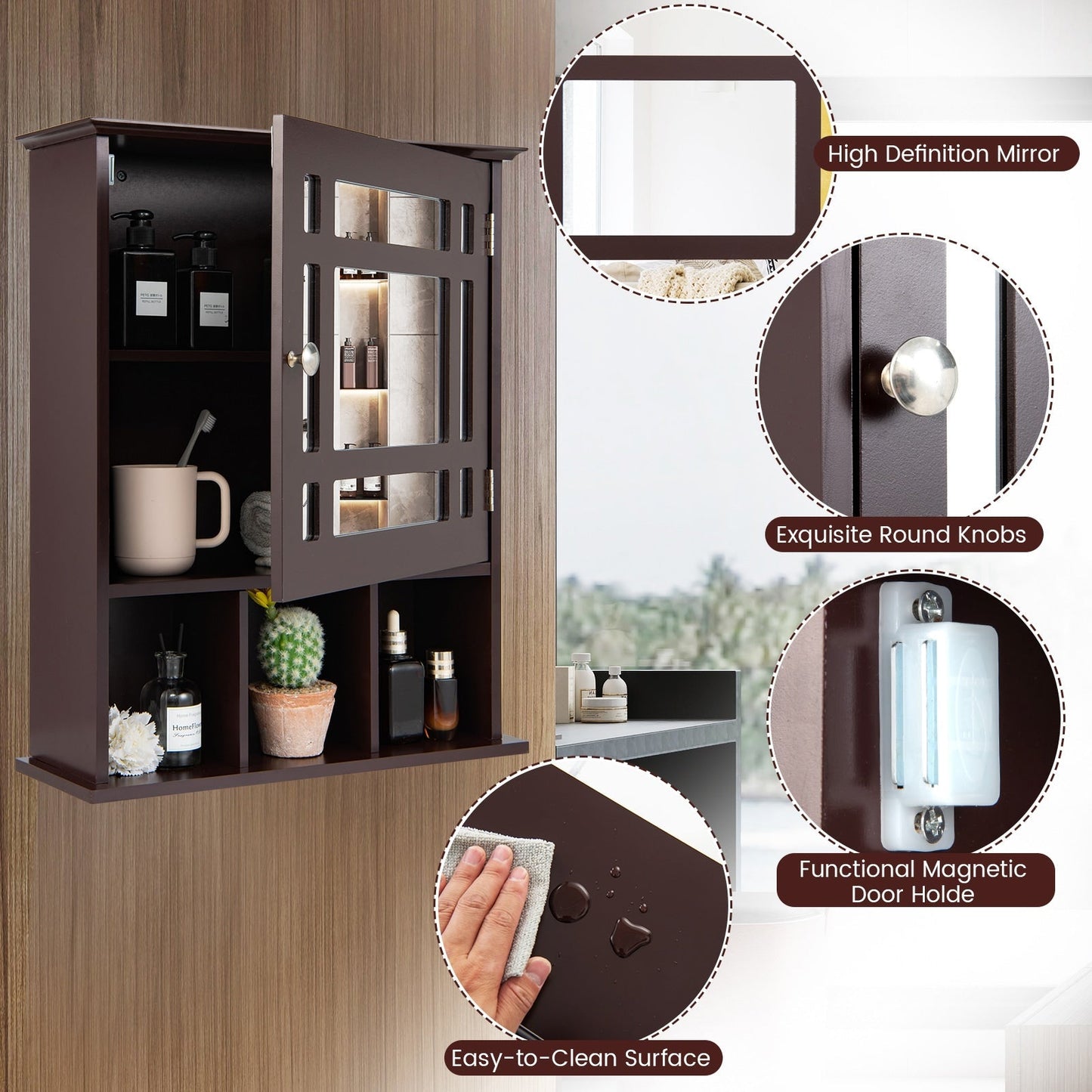 Forclover 19-in x 23.5-in Medicine Cabinet Bathroom Storage Wall Cabinet with Mirror in Brown