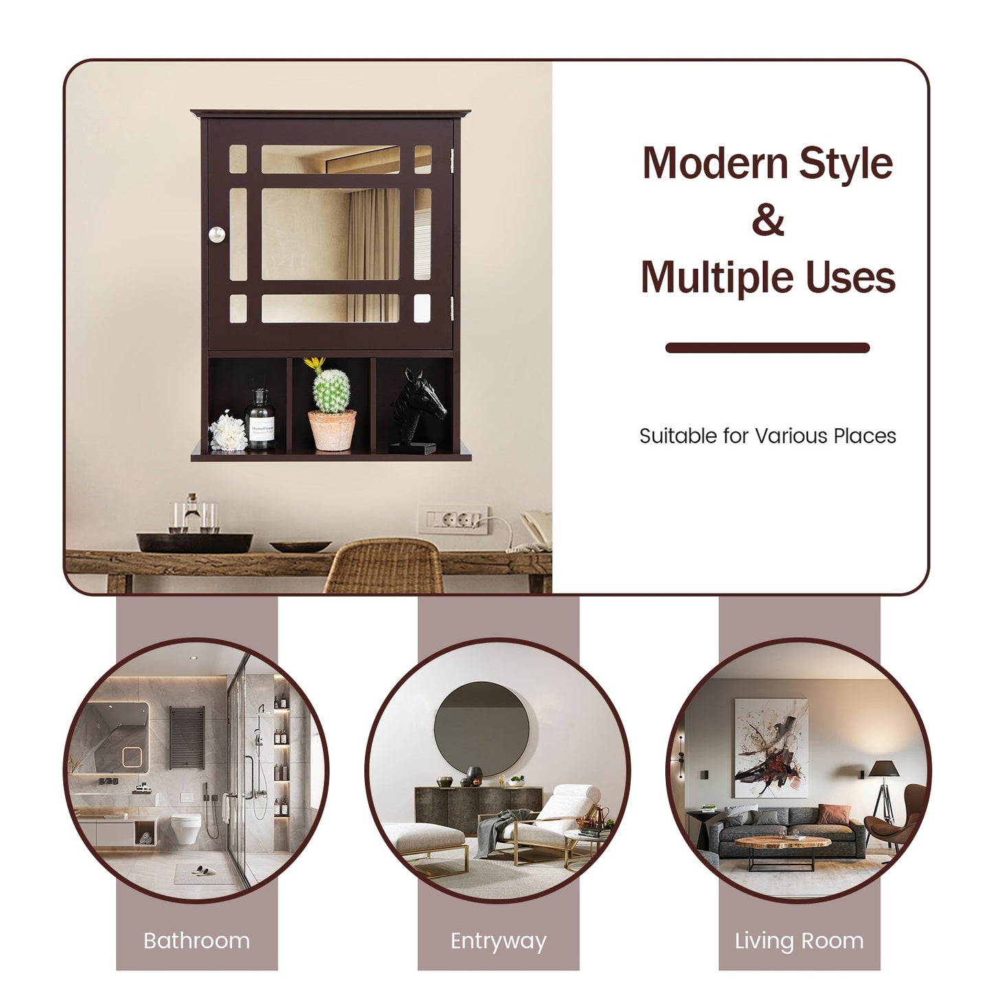 Forclover 19-in x 23.5-in Medicine Cabinet Bathroom Storage Wall Cabinet with Mirror in Brown