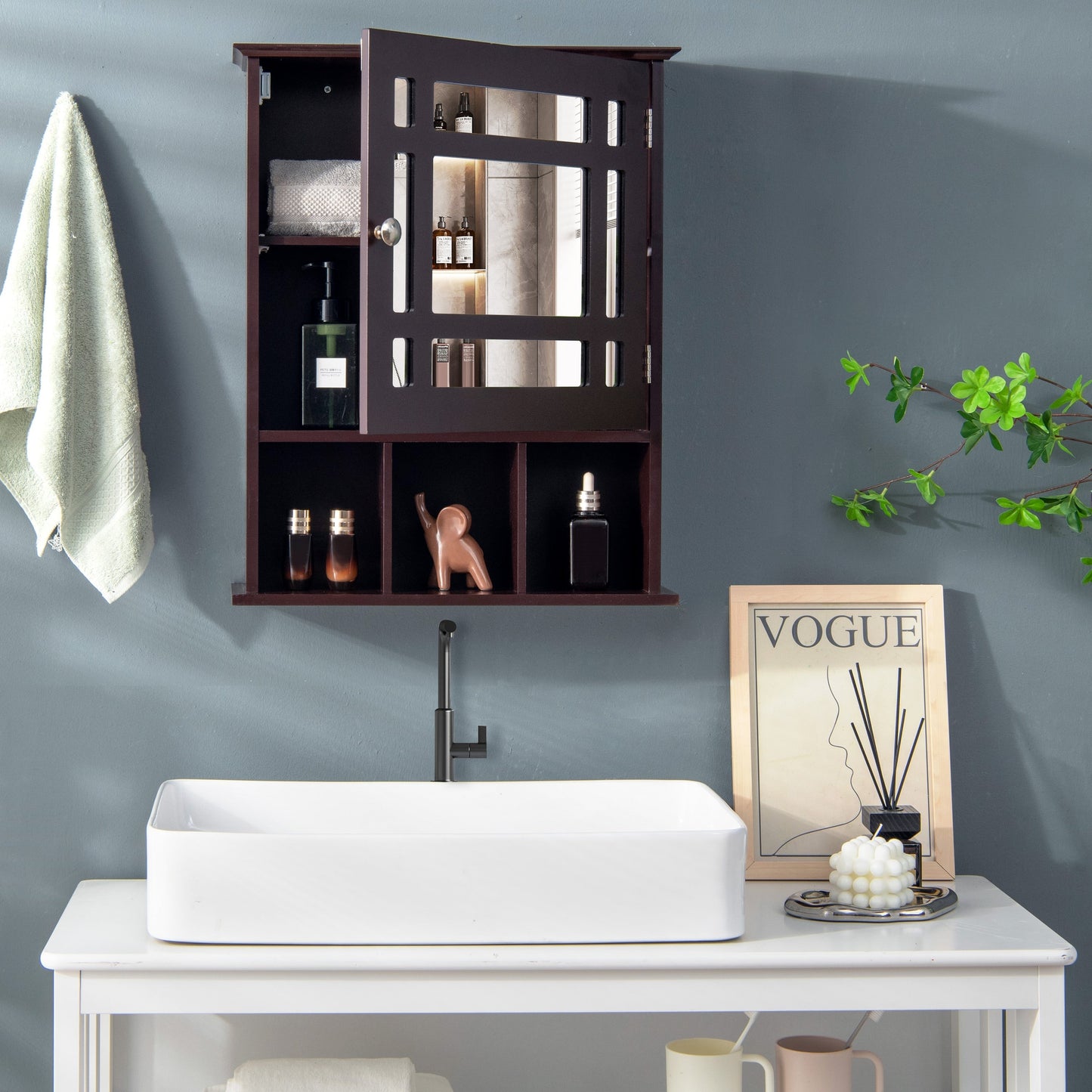 Forclover 19-in x 23.5-in Medicine Cabinet Bathroom Storage Wall Cabinet with Mirror in Brown