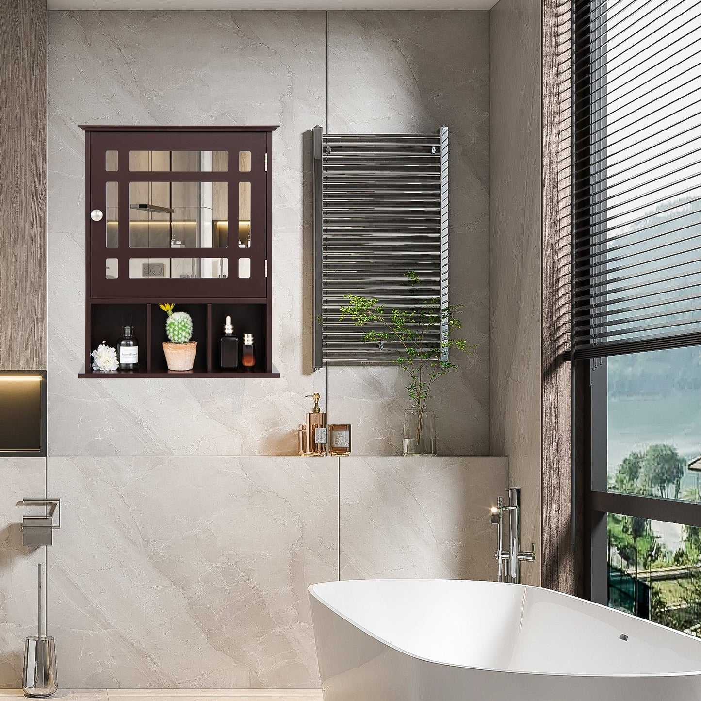 Forclover 19-in x 23.5-in Medicine Cabinet Bathroom Storage Wall Cabinet with Mirror in Brown