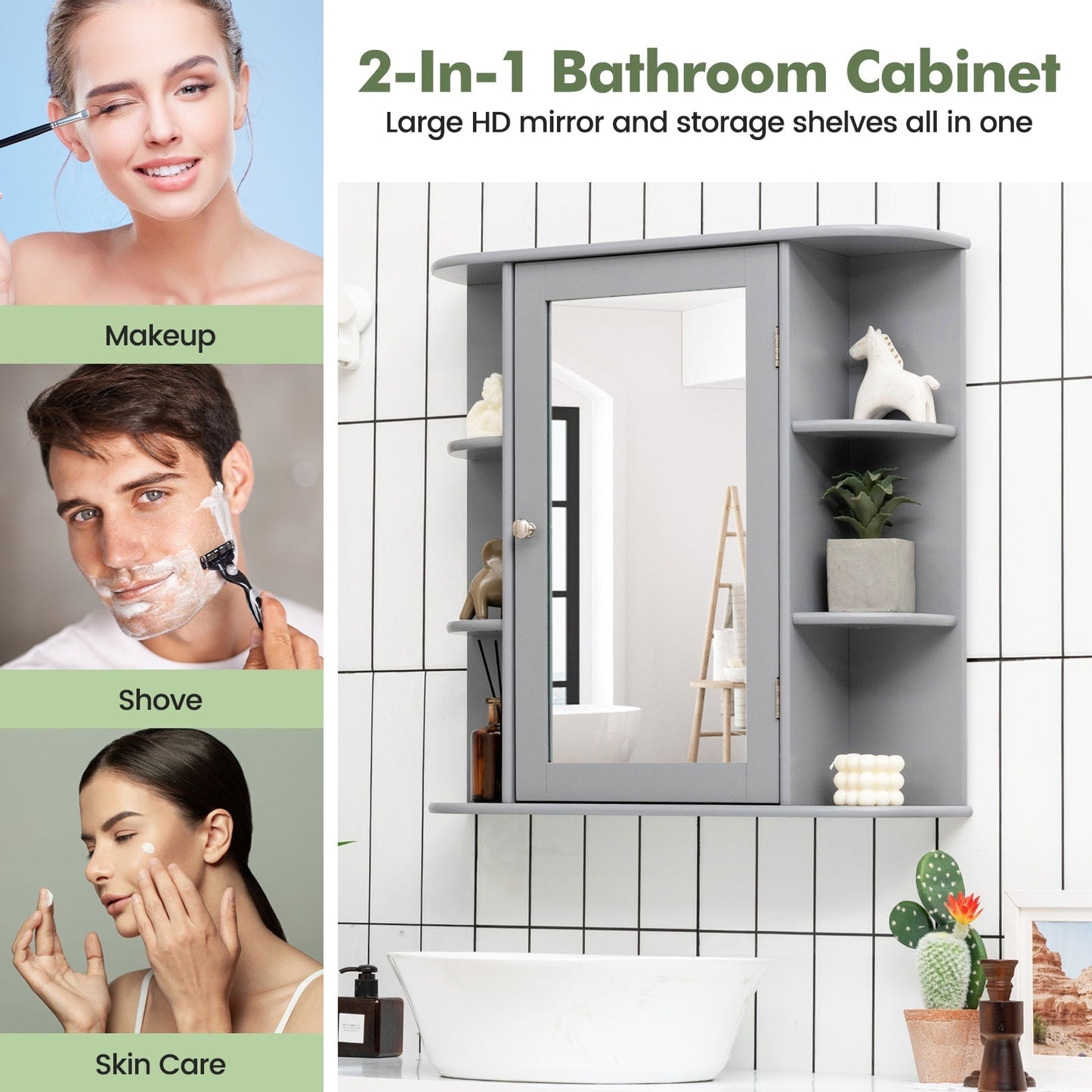 Forclover 26-in x 25-in Surface Mount Gray Mirrored Medicine Cabinet