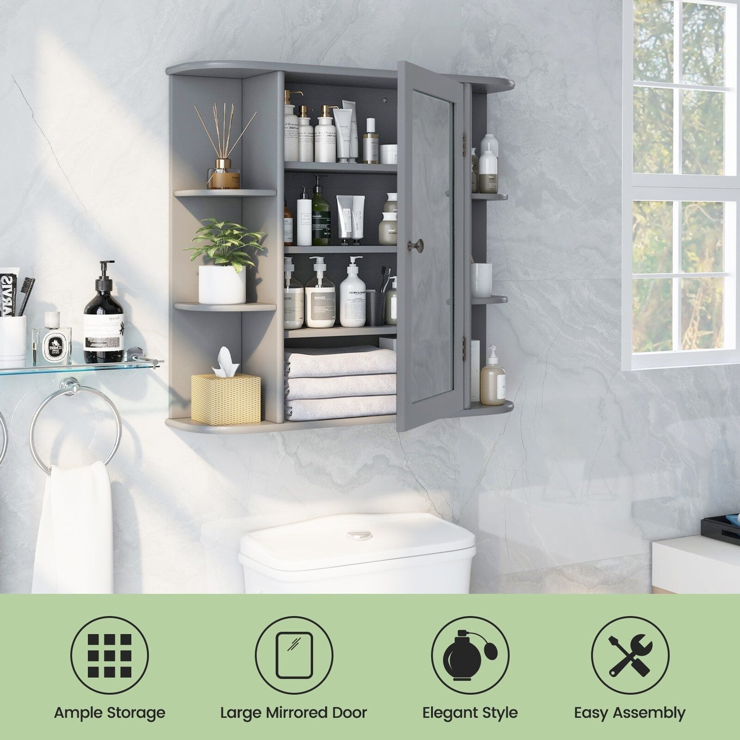Forclover 26-in x 25-in Surface Mount Gray Mirrored Medicine Cabinet