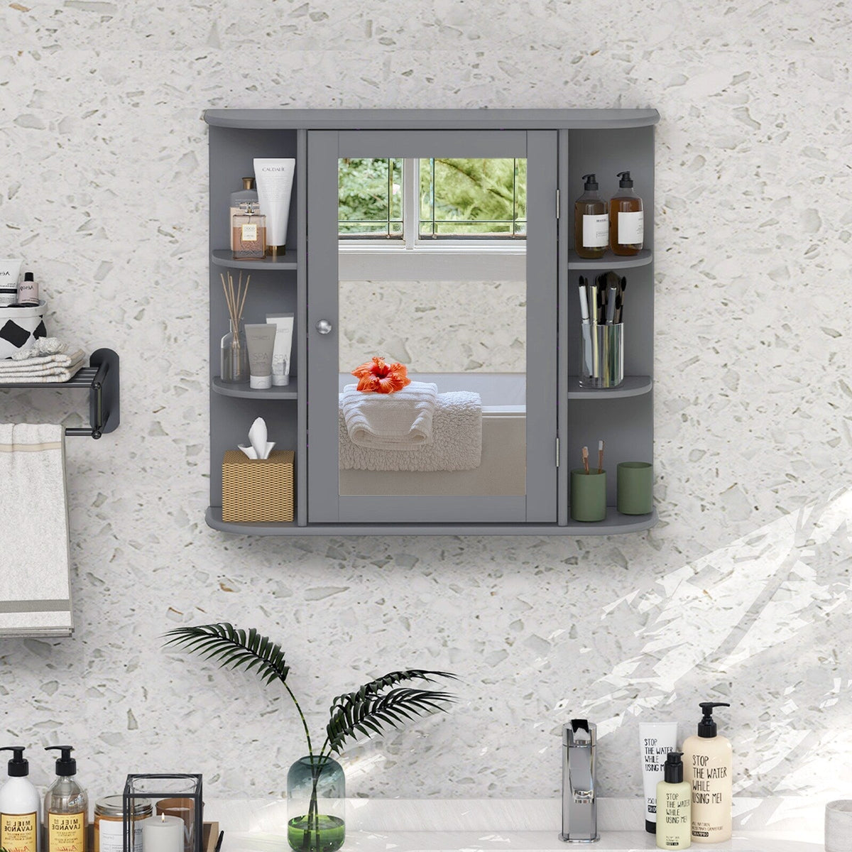 Forclover 26-in x 25-in Surface Mount Gray Mirrored Medicine Cabinet