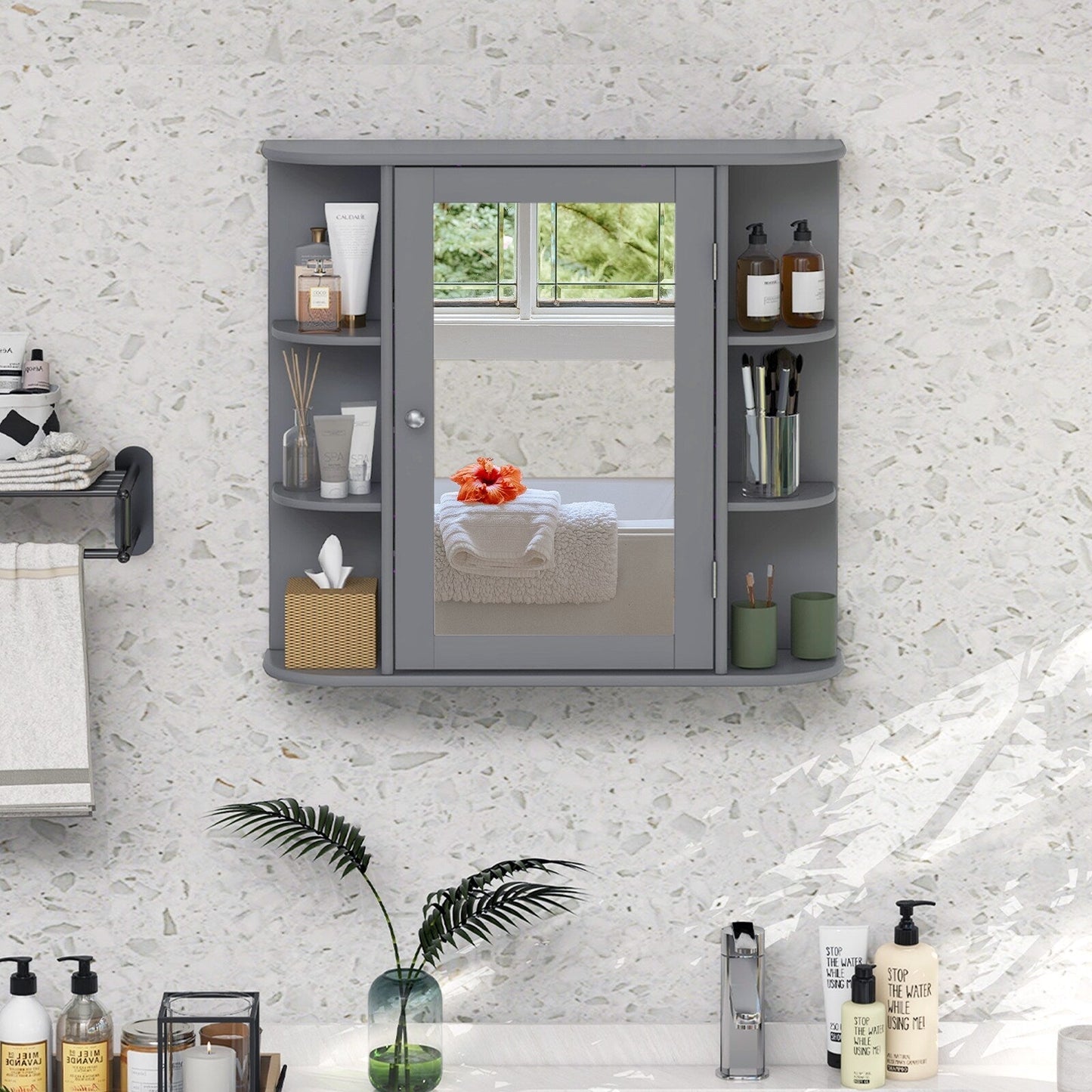 Forclover 26-in x 25-in Surface Mount Gray Mirrored Medicine Cabinet