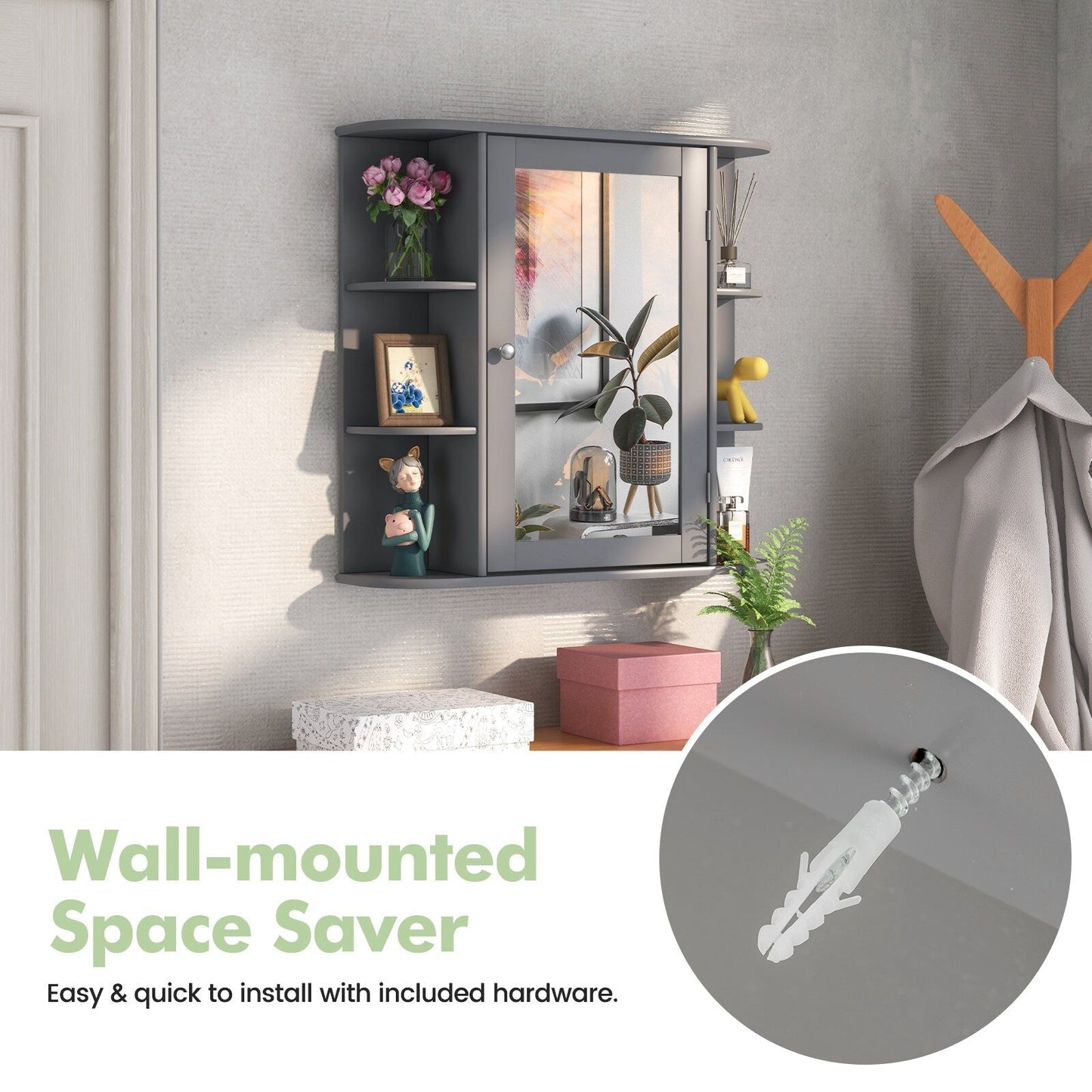 Forclover 26-in x 25-in Surface Mount Gray Mirrored Medicine Cabinet
