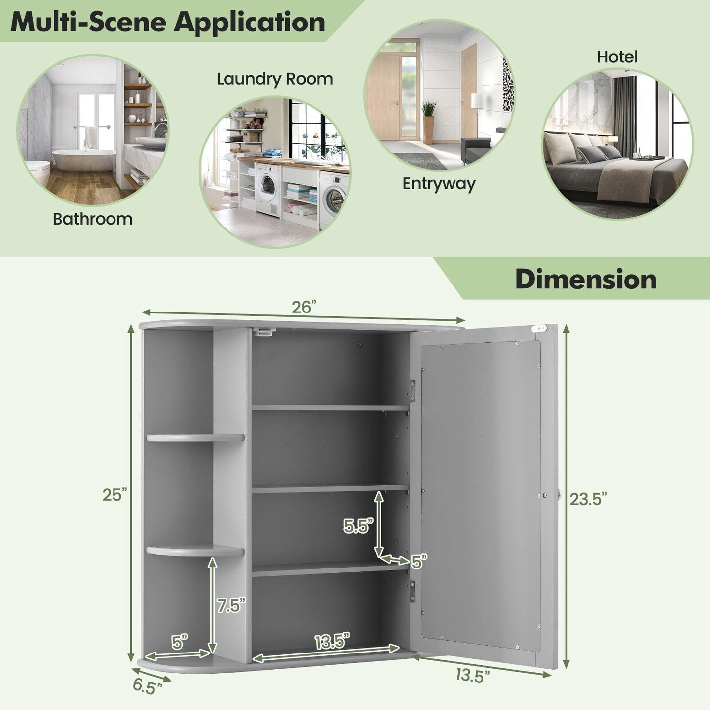 Forclover 26-in x 25-in Surface Mount Gray Mirrored Medicine Cabinet
