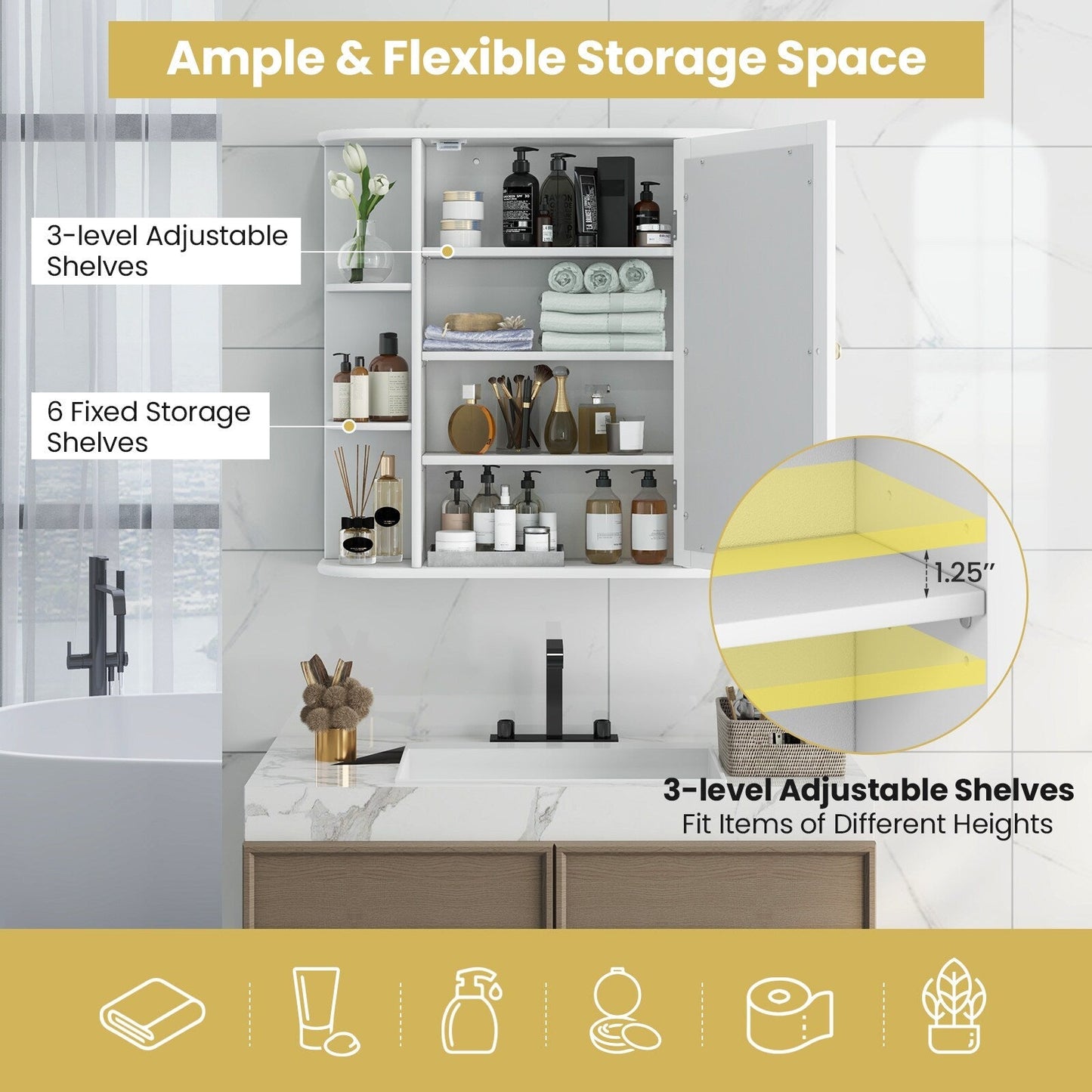 Forclover 26-in x 25-in Surface Mount White Mirrored Medicine Cabinet