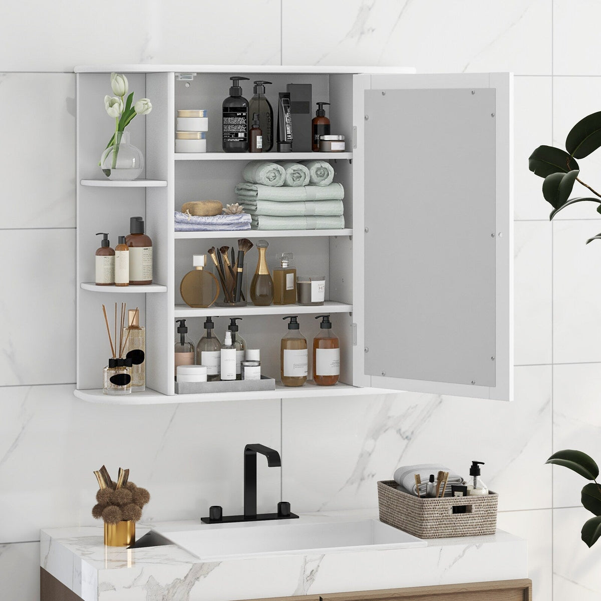 Forclover 26-in x 25-in Surface Mount White Mirrored Medicine Cabinet