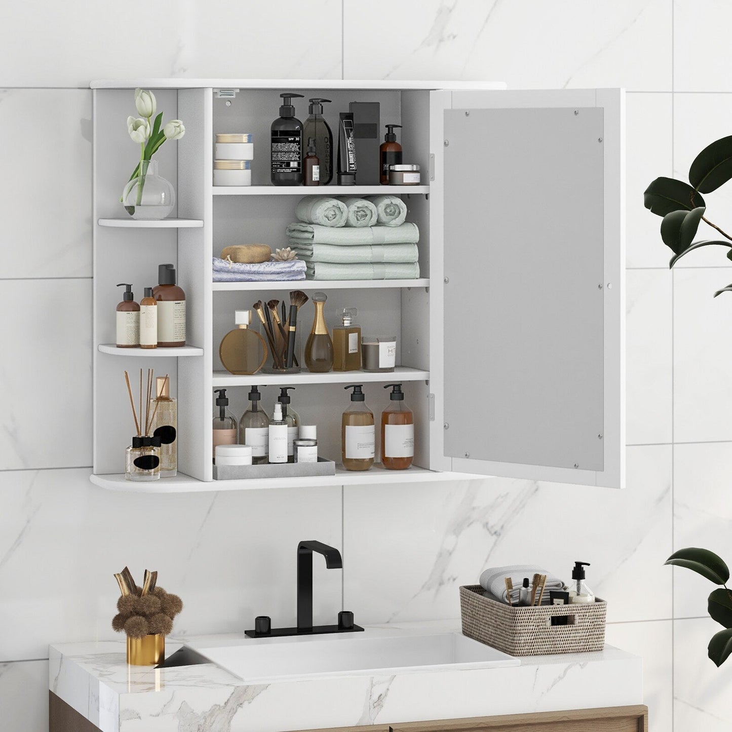 Forclover 26-in x 25-in Surface Mount White Mirrored Medicine Cabinet