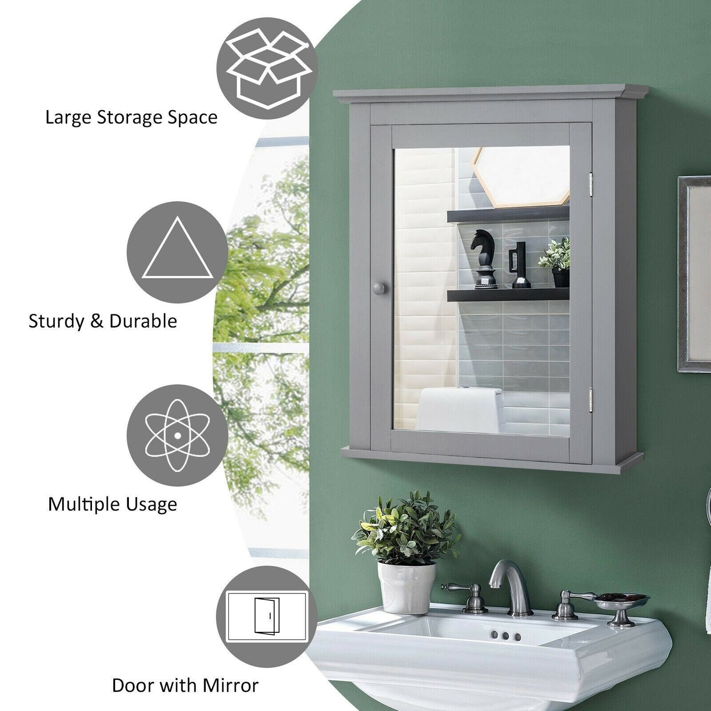 Forclover 22-in x 27-in Surface Mount Gray Mirrored Medicine Cabinet