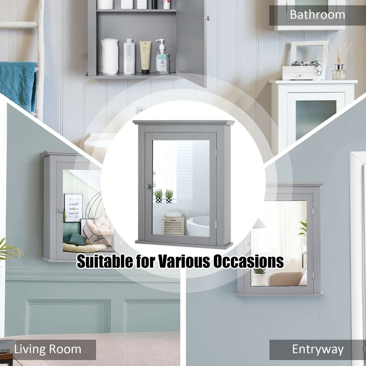 Forclover 22-in x 27-in Surface Mount Gray Mirrored Medicine Cabinet
