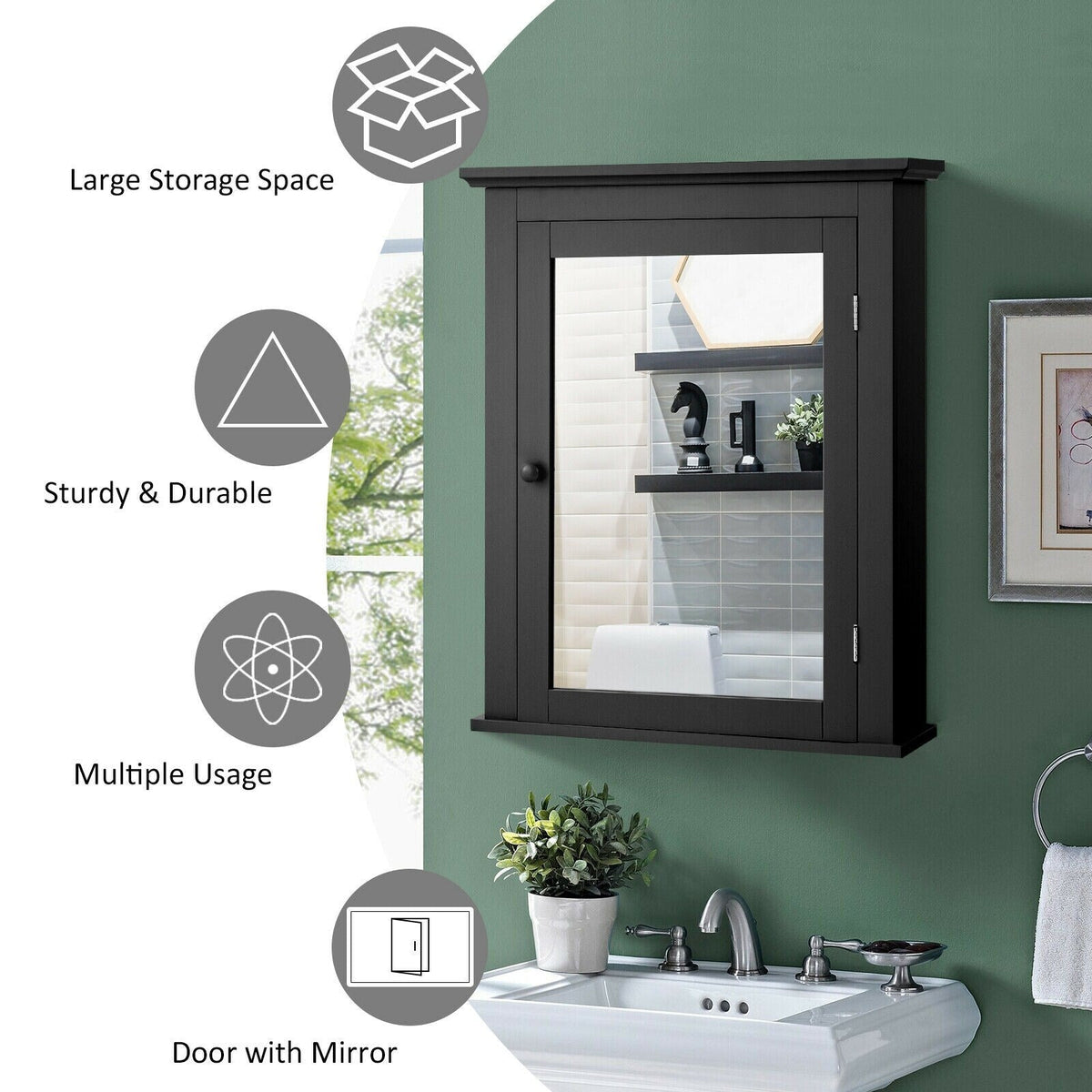Forclover 22-in x 27-in Surface Mount Black Mirrored Medicine Cabinet