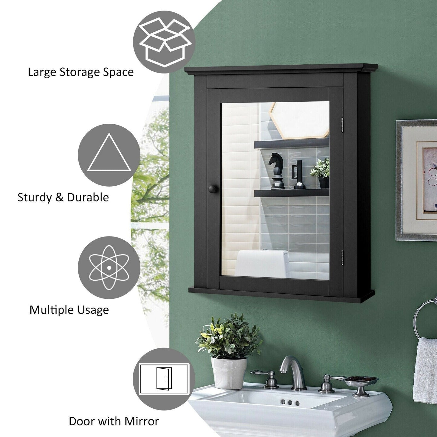 Forclover 22-in x 27-in Surface Mount Black Mirrored Medicine Cabinet