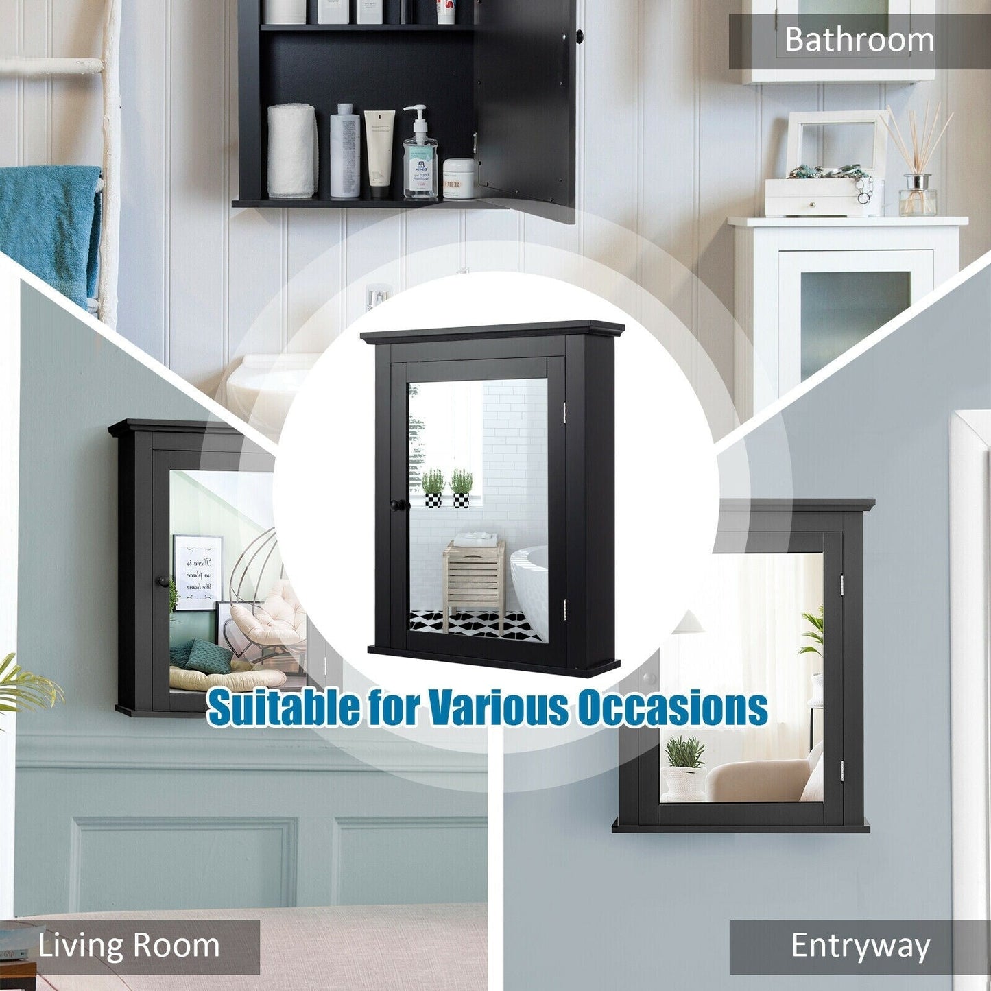 Forclover 22-in x 27-in Surface Mount Black Mirrored Medicine Cabinet