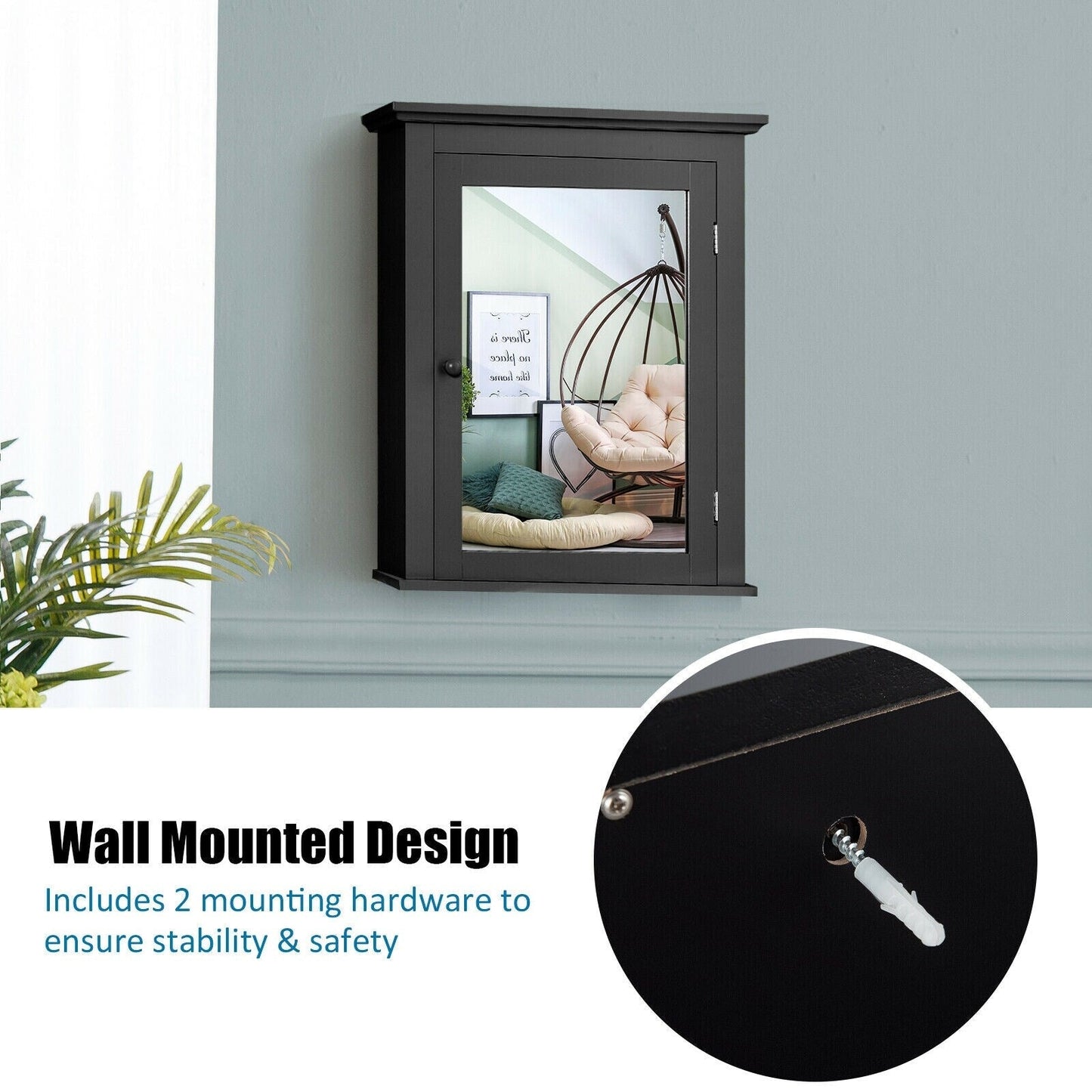 Forclover 22-in x 27-in Surface Mount Black Mirrored Medicine Cabinet